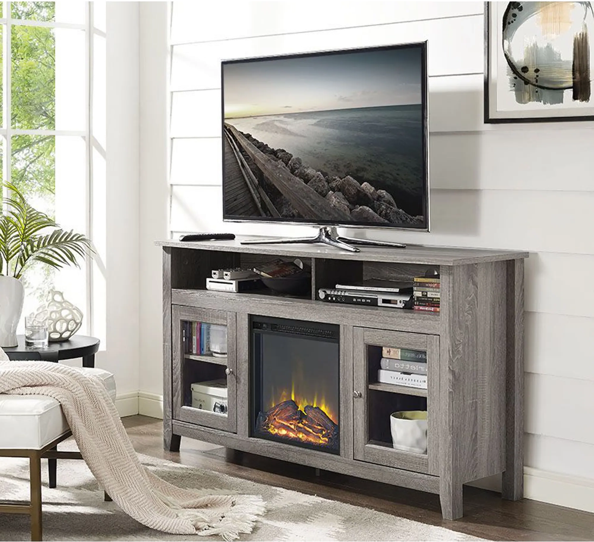 58 Inch Driftwood Brown Highboy Fireplace Tv Stand – Walker Edison | Rc  Willey In Wood Highboy Fireplace Tv Stands (Gallery 16 of 20)