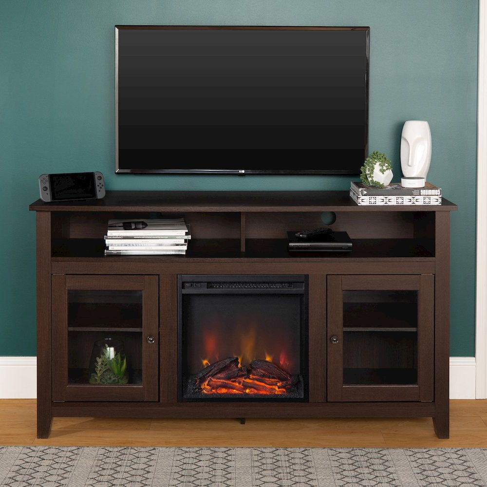 58" Wood Highboy Fireplace Tv Stand – Espresso Within Wood Highboy Fireplace Tv Stands (View 12 of 20)