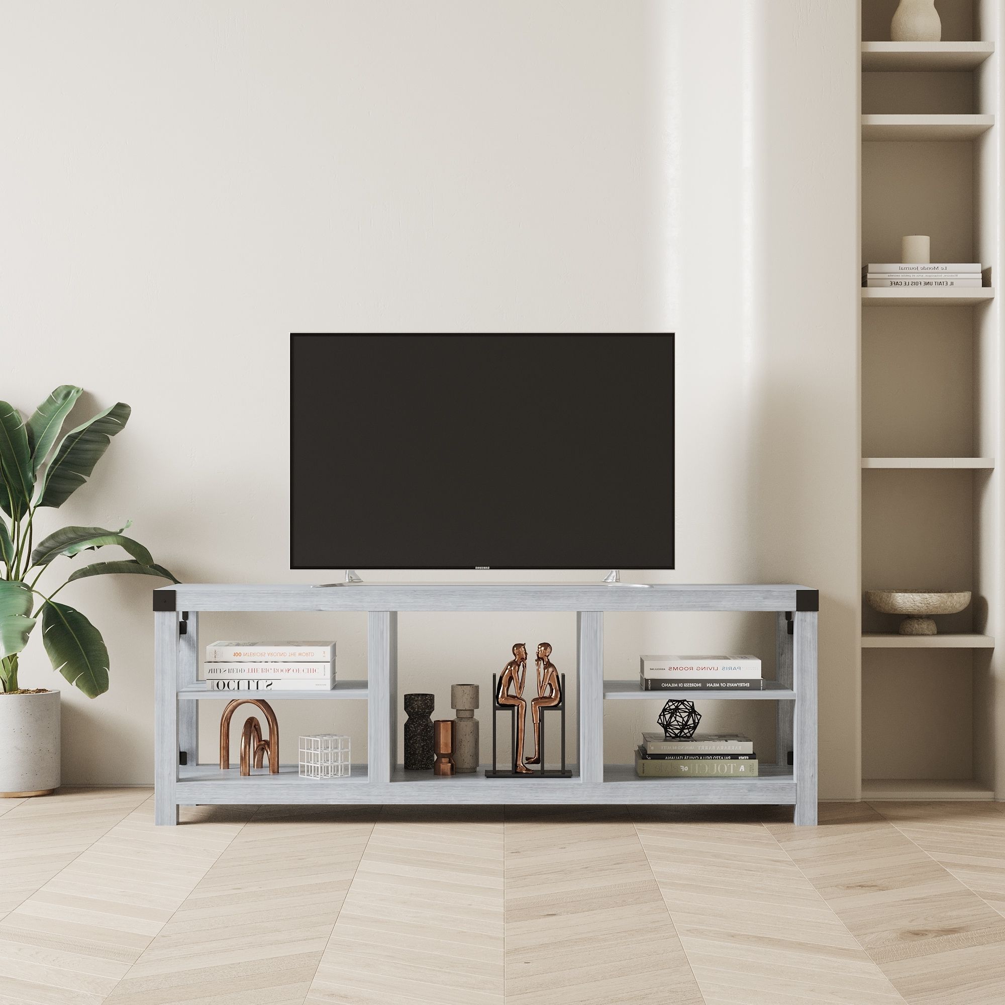 61" Tv Stand Media Console Table With Open Storage Shelves, Entertainment  Center Corner Tv Stands For Living Room Office – Bed Bath & Beyond –  39003051 With Cafe Tv Stands With Storage (View 18 of 20)