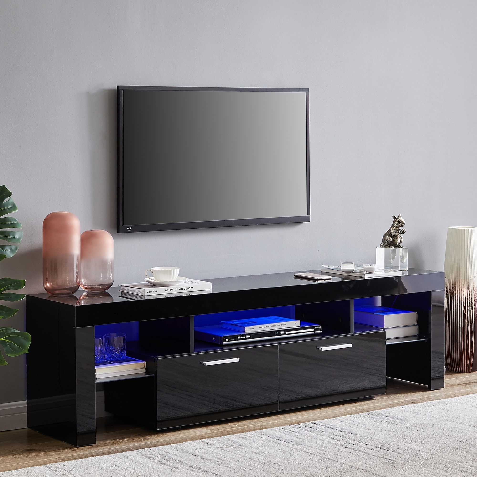 63 Inch Rgb Led Light High Glossy Tv Stand Cabinet With 2 Center Down Open  Tie Rod Big Storage Drawer And 2 Side Glass Shelf – Bed Bath & Beyond –  35473038 Intended For Rgb Entertainment Centers Black (View 3 of 20)