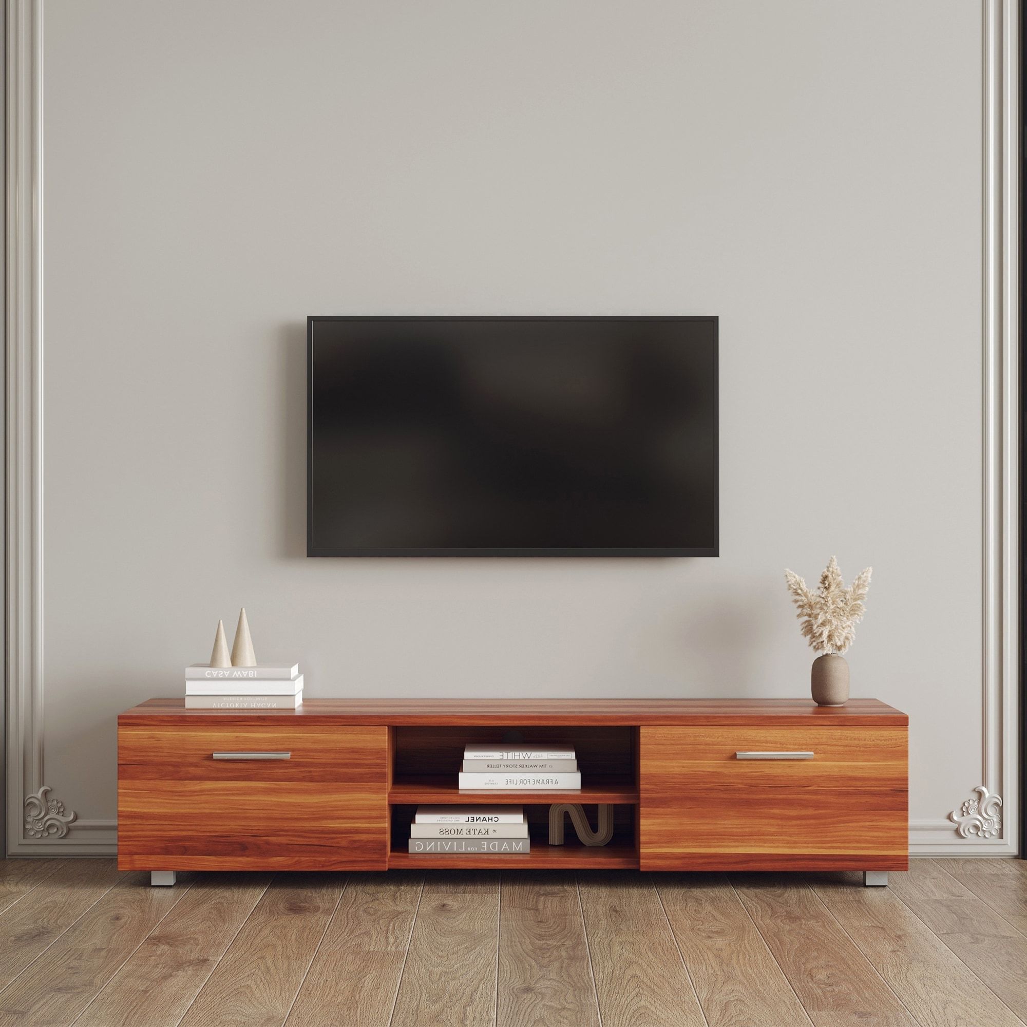 70" Tv Console Walnut Media Cabinets With Storage Cabinet&open Shelves – On  Sale – Bed Bath & Beyond – 38287723 With Walnut Entertainment Centers (View 10 of 20)
