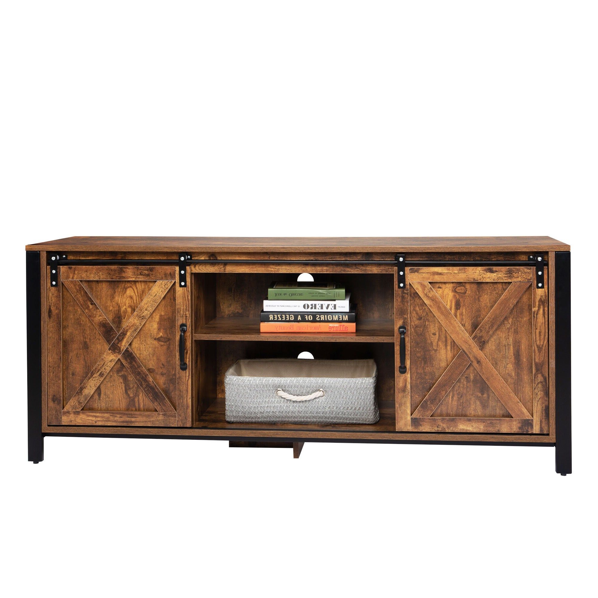 Afoxsos Farmhouse Tv Stand For Tvs Up To 65 In With Sliding Barn Doors And  Adjustable Shelves, Rustic Brown In The Tv Stands Department At Lowes Within Barn Door Media Tv Stands (View 3 of 20)