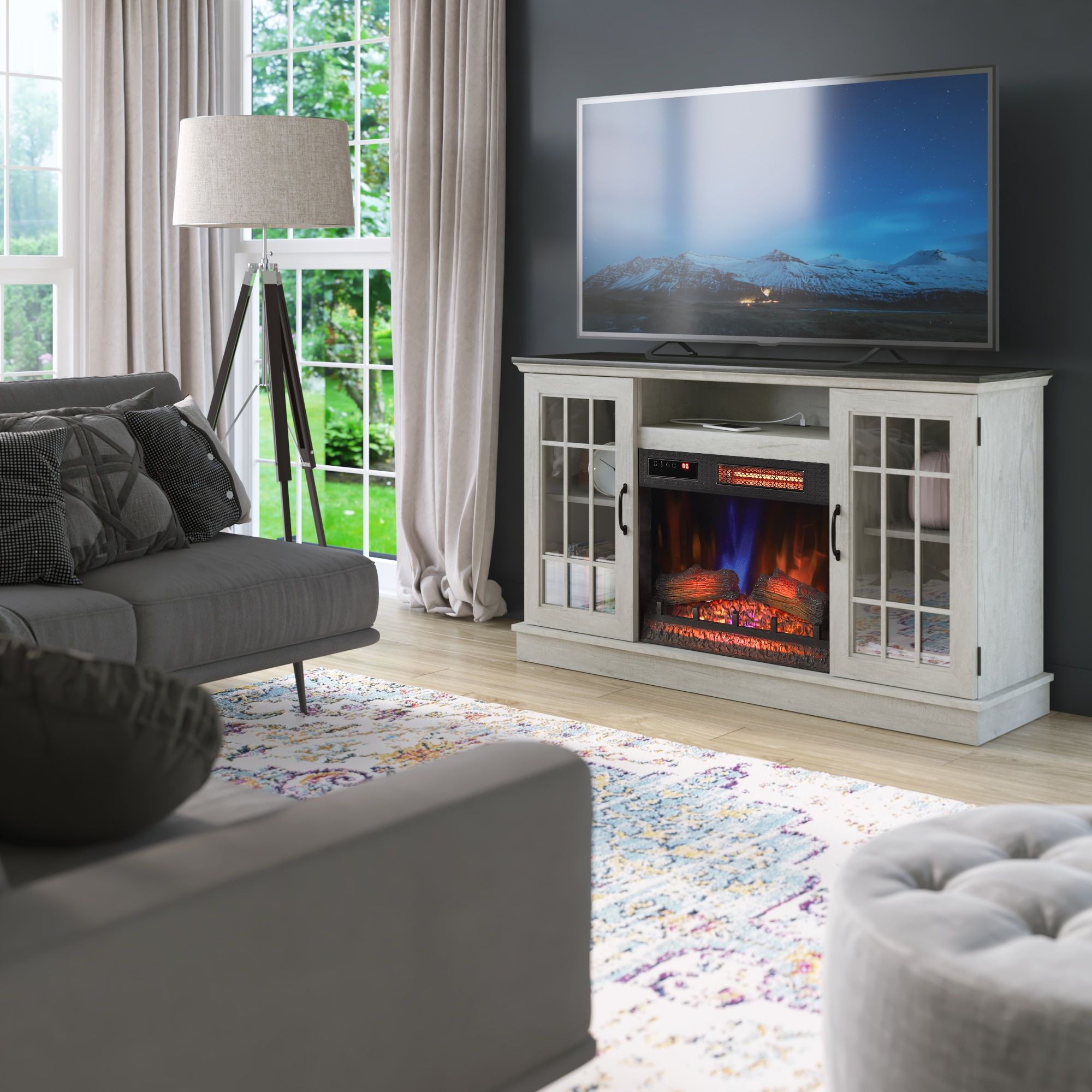Allen + Roth 54 In W Geneva And Fairfax Oak Tv Stand With Infrared Quartz Electric  Fireplace In The Electric Fireplaces Department At Lowes With Electric Fireplace Tv Stands (View 9 of 20)
