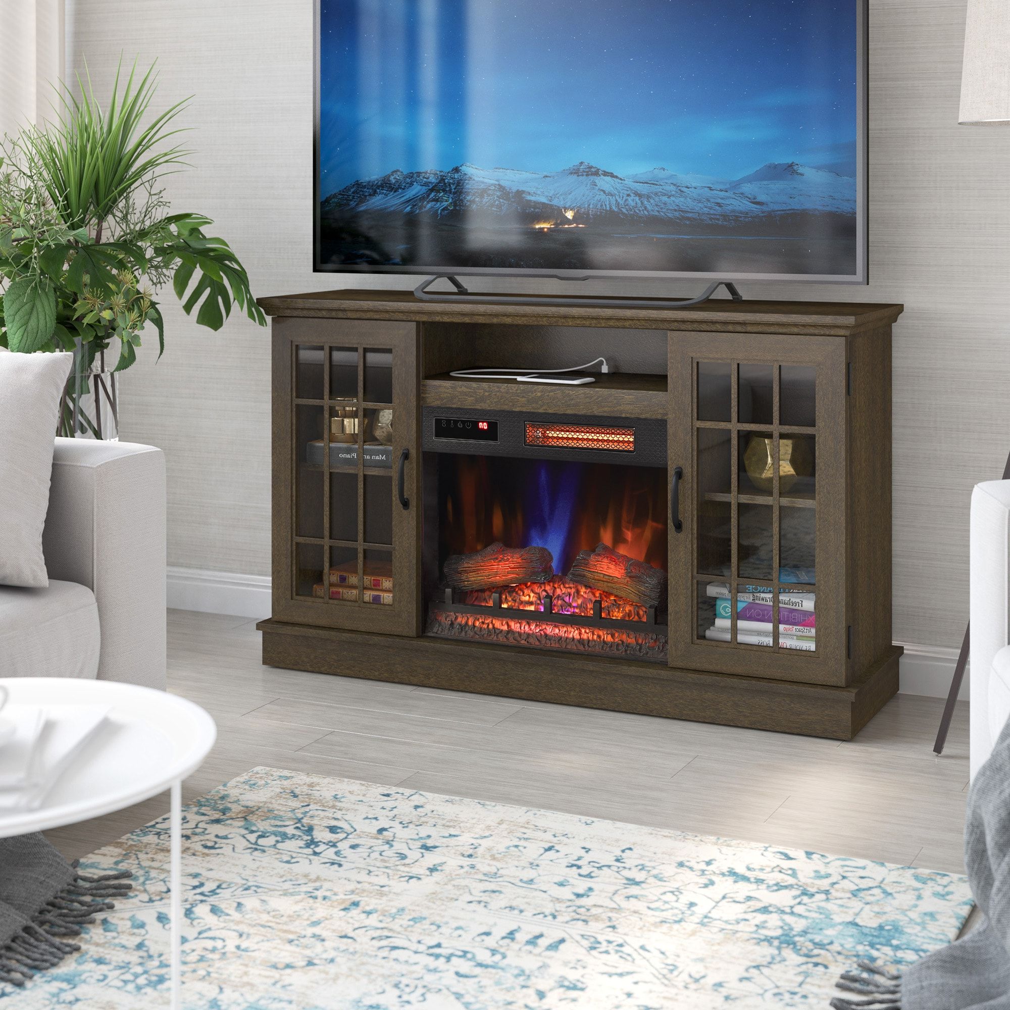 Allen + Roth 54 In W Stanton Birch Tv Stand With Infrared Quartz Electric  Fireplace In The Electric Fireplaces Department At Lowes With Regard To Tv Stands With Electric Fireplace (View 2 of 20)