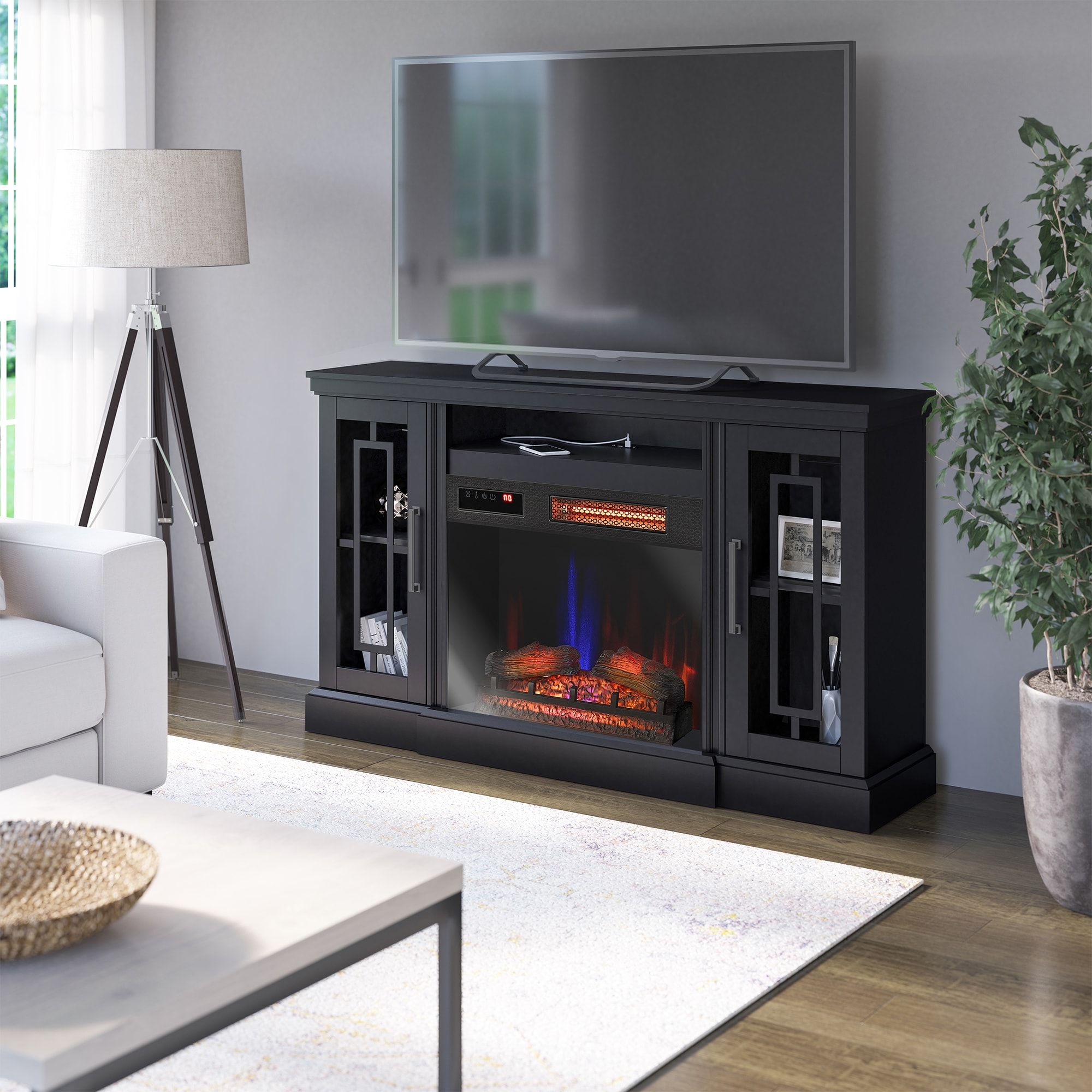 Allen + Roth 62 In W Black Tv Stand With Infrared Quartz Electric Fireplace  In The Electric Fireplaces Department At Lowes Within Tv Stands With Electric Fireplace (View 13 of 20)