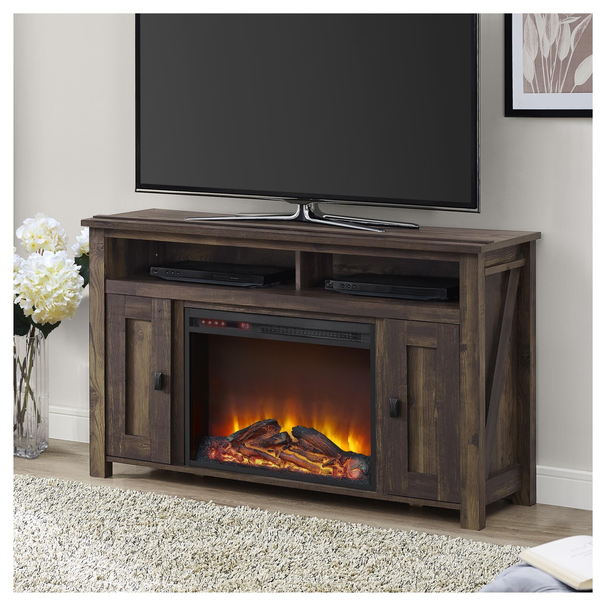 Ameriwood Home 47.6875 In W Rustic Tv Stand With Fan Forced Electric  Fireplace In The Electric Fireplaces Department At Lowes With Regard To Electric Fireplace Tv Stands (Gallery 18 of 20)