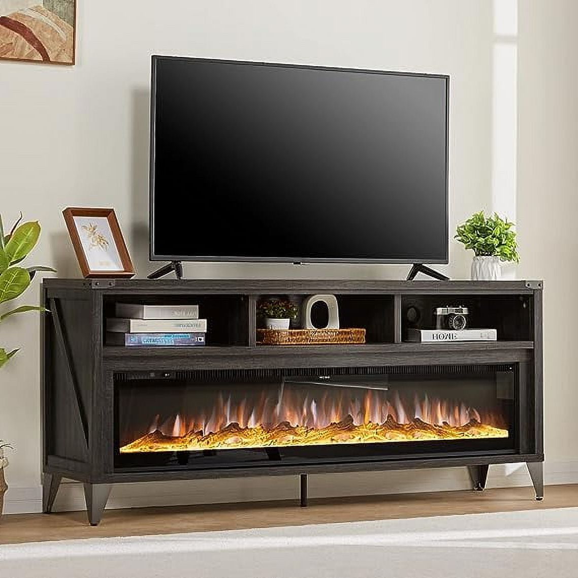 Amerlife 65" Fireplace Tv Stand With 60" Glass Electric Fireplace,  Industrial & Farmhouse Media Entertainment Center With Open Shelve Storage  For Tvs Up To 75", Tv Console For Living Room, Gray – Regarding Electric Fireplace Entertainment Centers (View 10 of 20)
