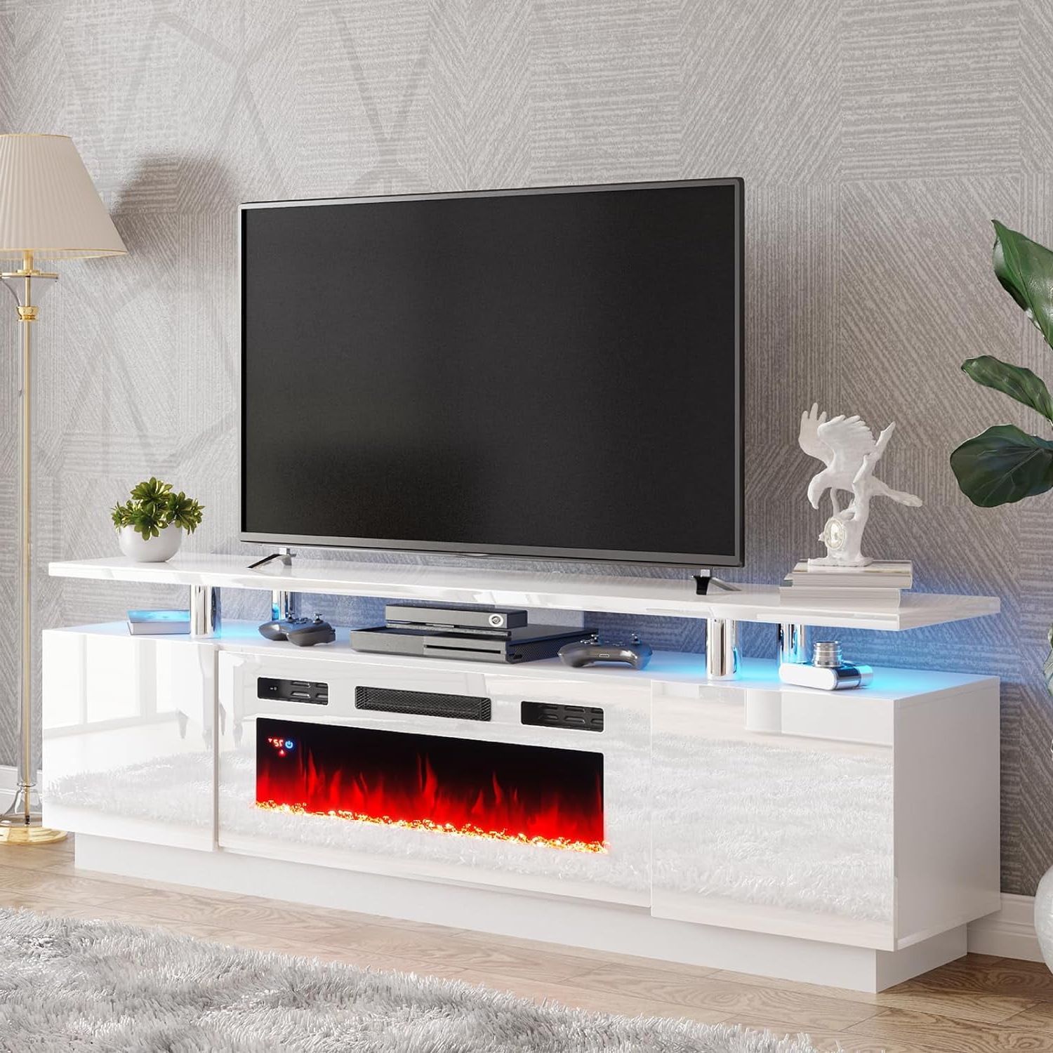 Amerlife Fireplace Tv Stand With 36" Fireplace, 70" Modern High Gloss  Entertainment Center Led Lights, 2 Tier Tv Console Cabinet For Tvs Up To  80", White – Walmart Within Tier Stand Console Cabinets (View 7 of 20)