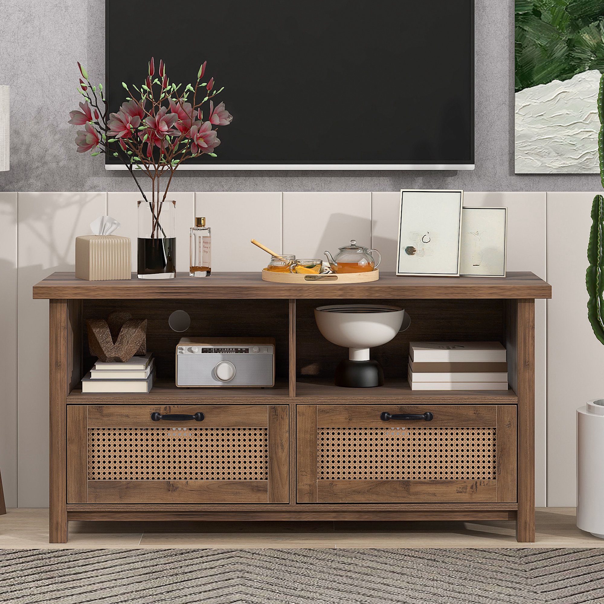 Bay Isle Home Farmhouse Tv Stand For Tvs Up To 55", Modern Cabinet Wood  Accent Buffet Sideboard W/ 2 Rattan Drawer & Reviews | Wayfair Regarding Farmhouse Rattan Tv Stands (View 17 of 20)