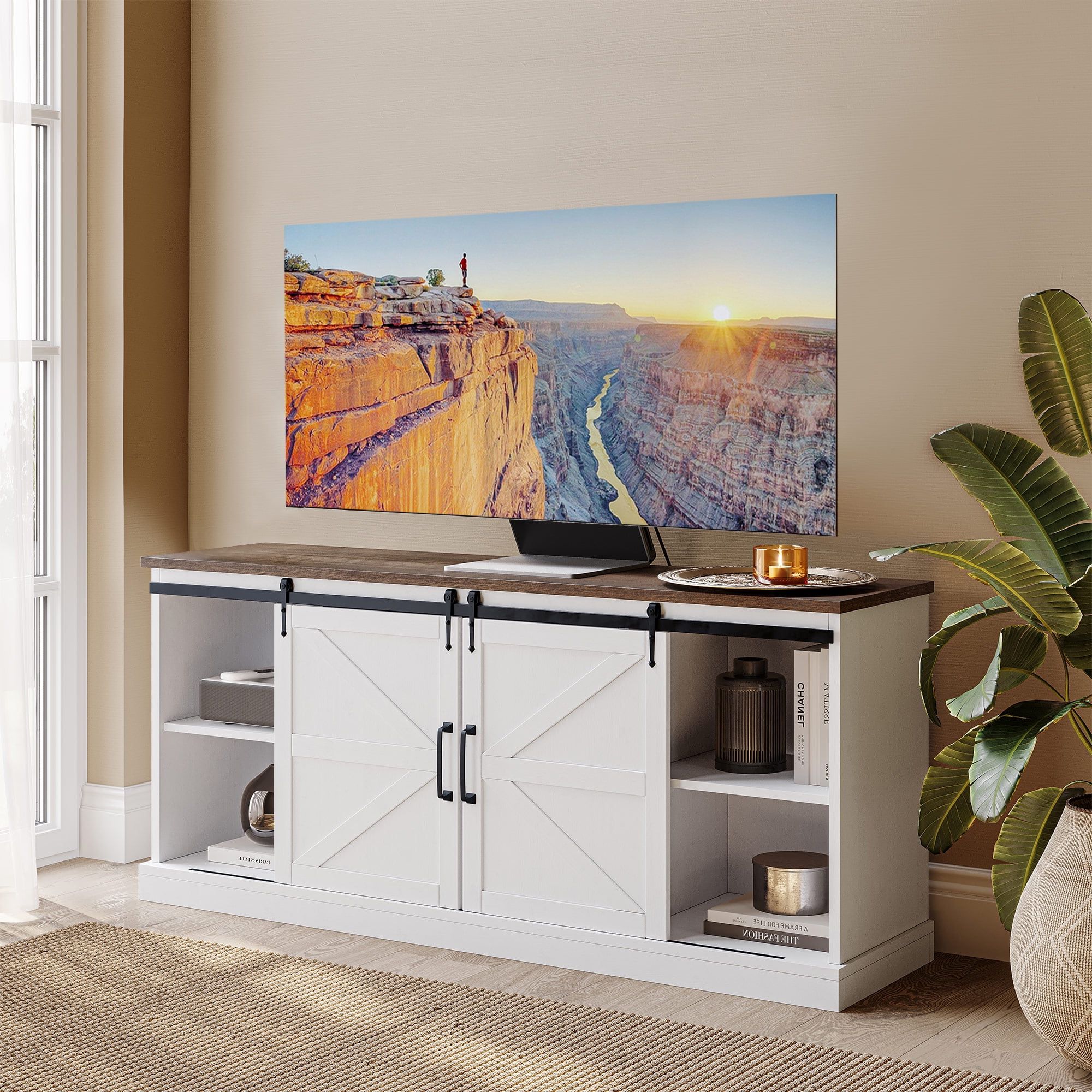 Belleze 58" Tv Stand For Tvs Up To 65", Sliding Barn Door Tv Stand With  Adjustable Side Shelves, Farmhouse Media Console, Rustic Wood Tv Cabinet  Home Entertainment Center With Storage – Truman (white) – Walmart With Farmhouse Media Entertainment Centers (View 16 of 20)