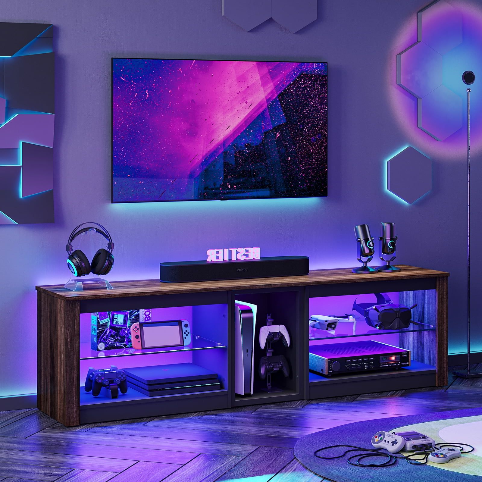 Bestier Tv Stand For Tvs Up To 70'' With Rgb Led Lights, Walnut –  Walmart Throughout Tv Stands With Lights (View 3 of 20)