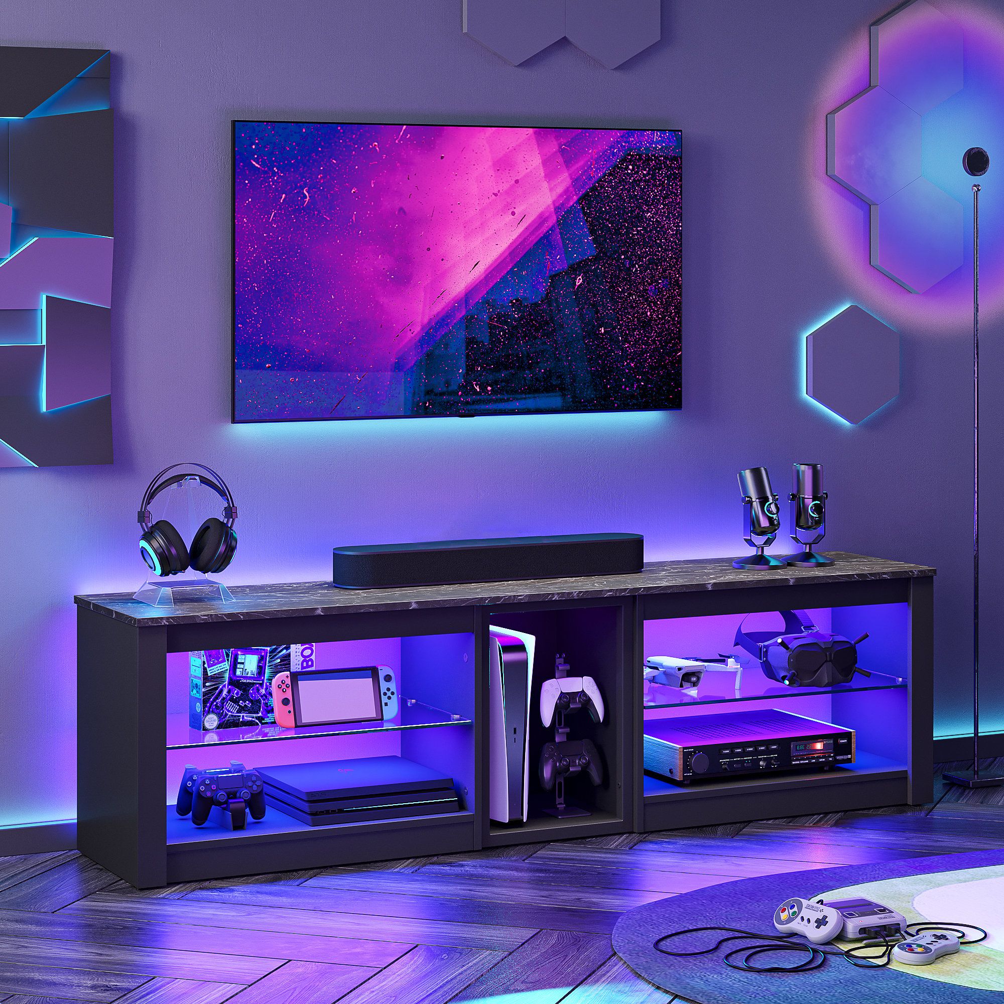 Blue Elephant Tv Stand For Tvs Up To 70 Inch, Gaming Entertainment Center  For Ps5, Led Tv Cabinet With Glass Shelves & Reviews | Wayfair.co.uk With Rgb Tv Entertainment Centers (Gallery 9 of 20)