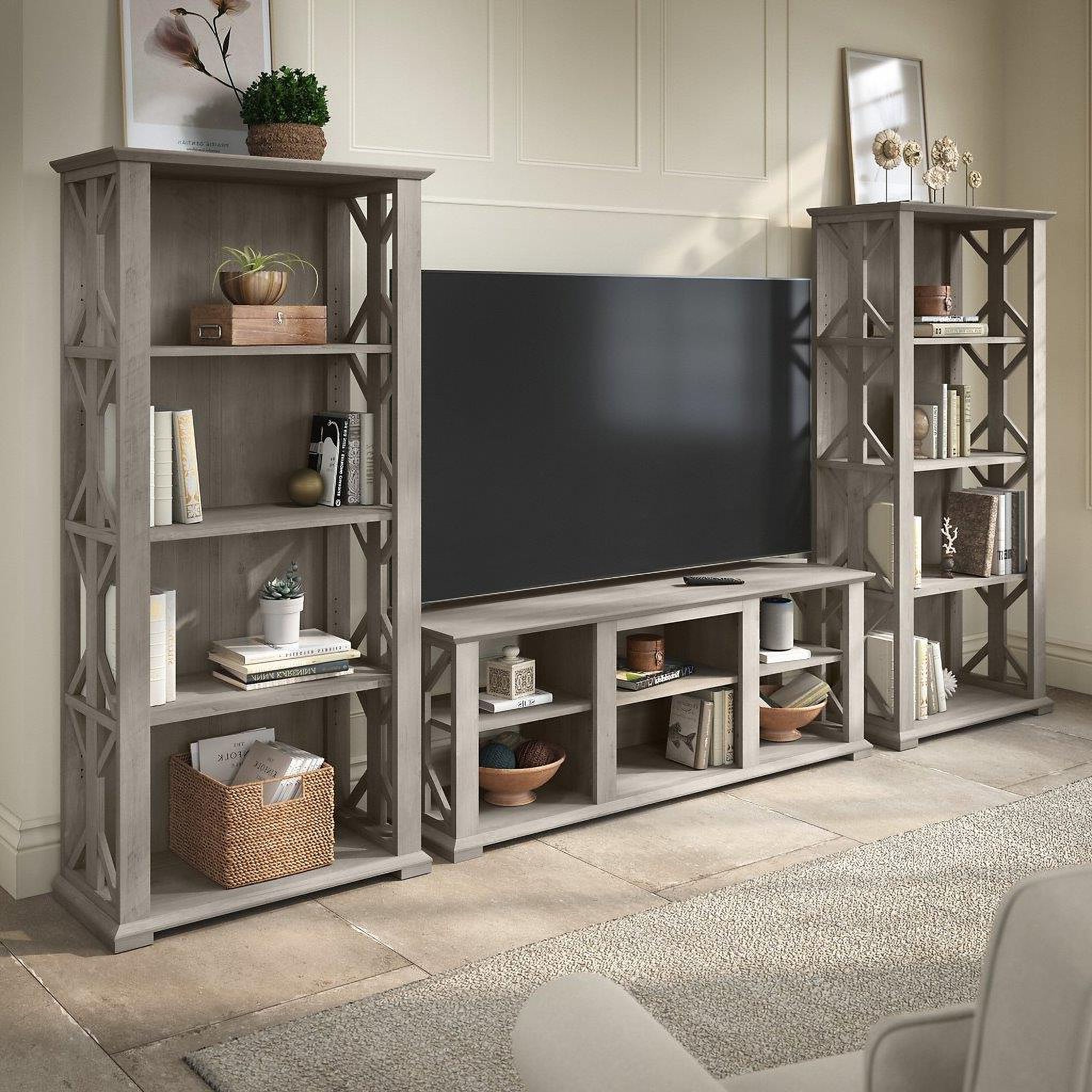 Bush Furniture Homestead Farmhouse Tv Stand For 70 Inch Tv With 4 Shelf  Bookcases In Driftwood Gray | 1stopbedrooms With Regard To Farmhouse Stands With Shelves (Gallery 2 of 20)