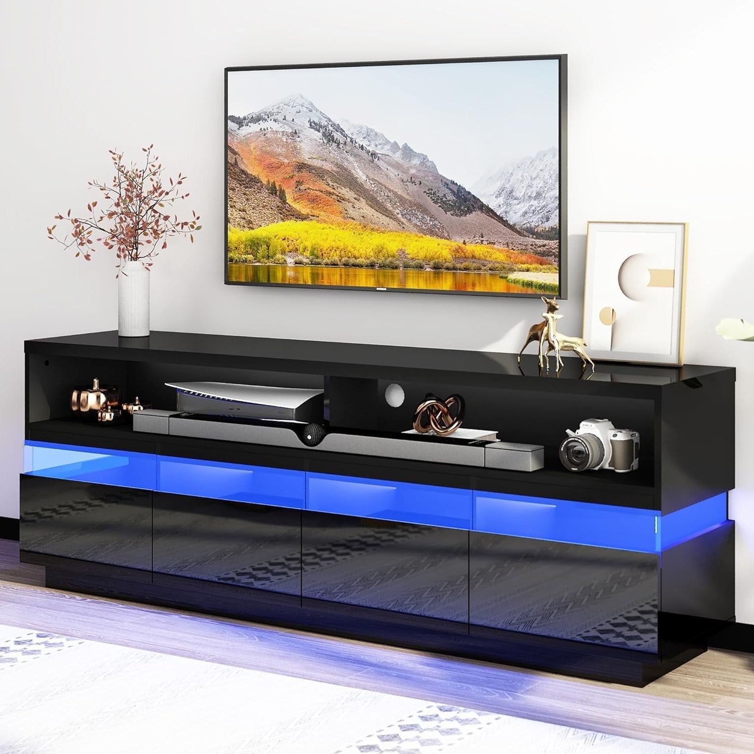 Chvans Led Tv Stand For 70/65/55 Inch Tv, High Gloss Modern Black Tv Stand  With Large Storage & Power Outlet & Cabinets, Media Entertainment Center Tv  Stands For Living Room – Walmart Inside Led Tv Stands With Outlet (View 5 of 20)