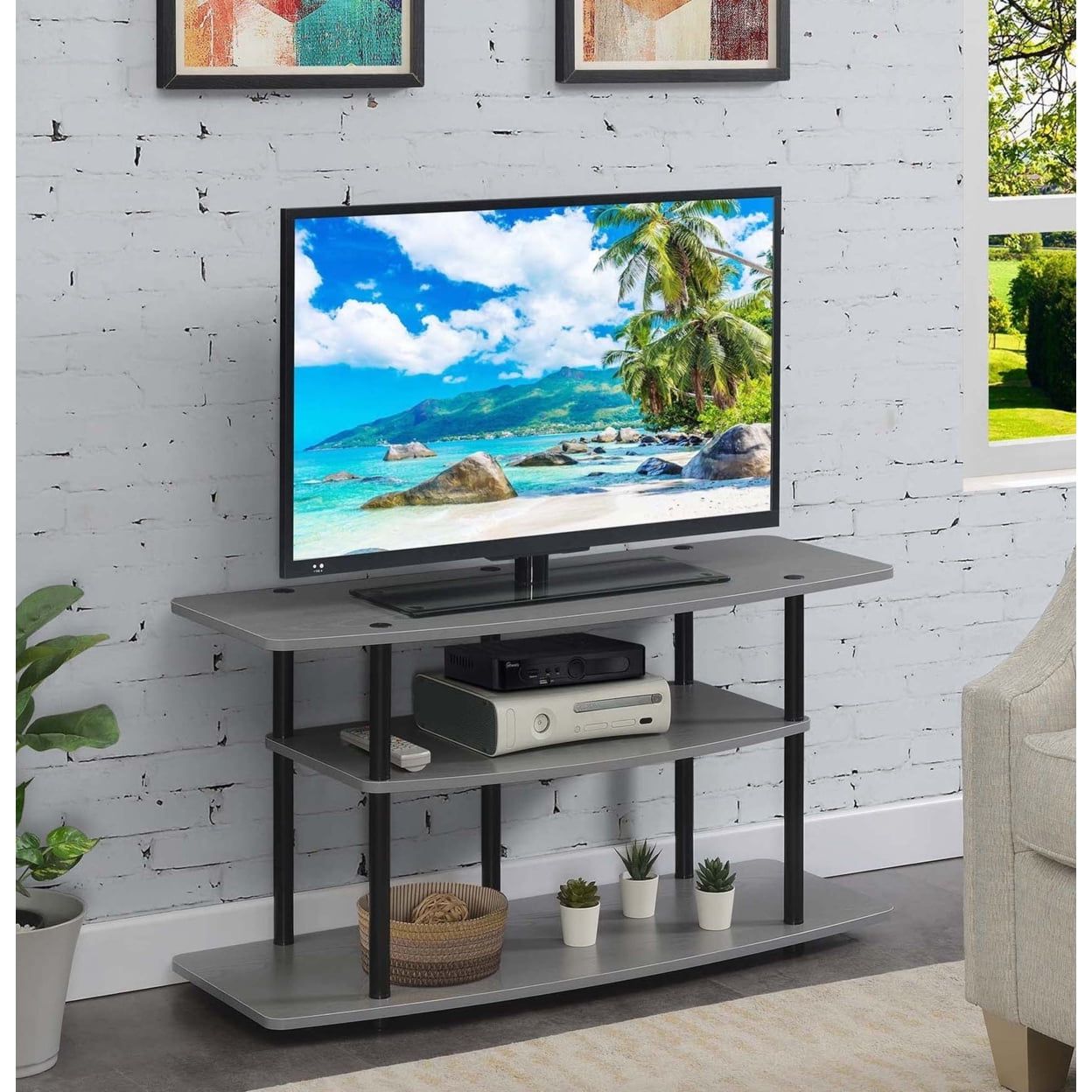 Convenience Concepts Designs2go No Tools 3 Tier Wide Tv Stand, Gray/black –  Walmart Regarding Wide Entertainment Centers (Gallery 17 of 20)