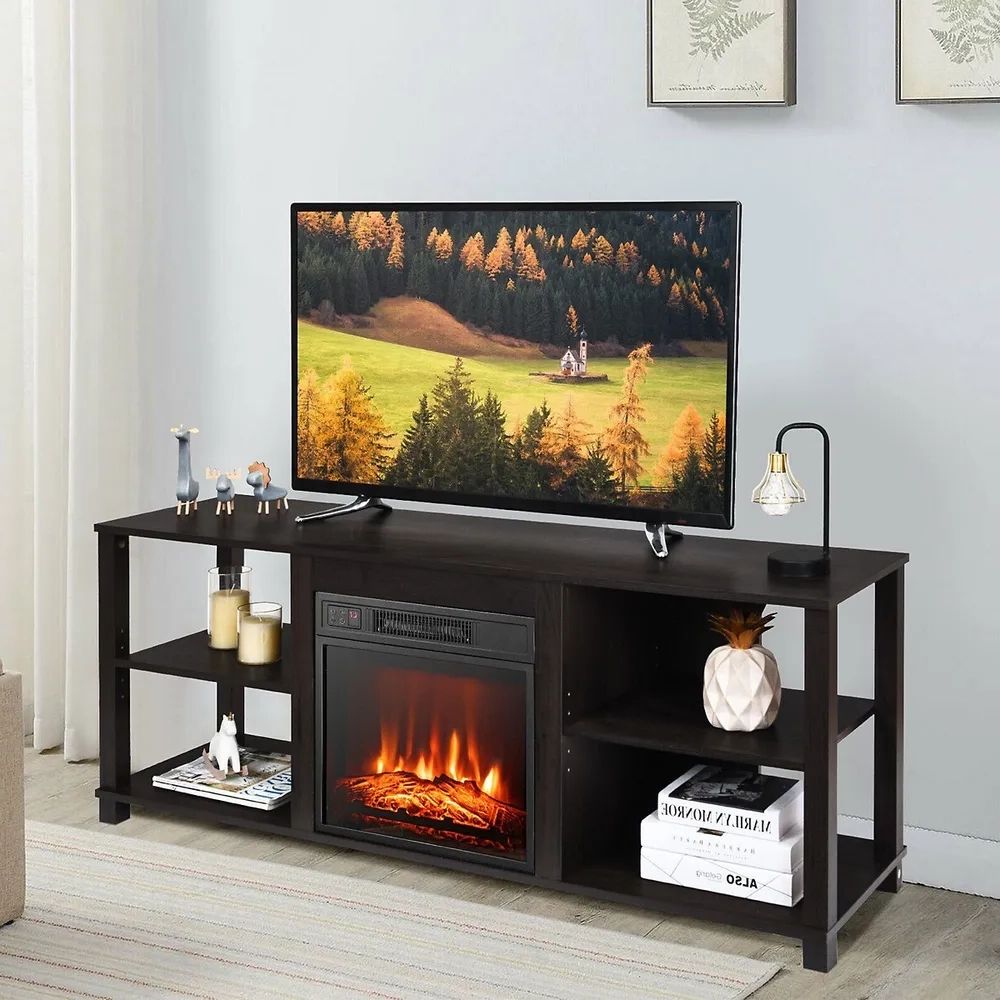 Costway 2 Tier Tv Stand &electric Fireplace Heater Storage Cabinet Console  For 65" Tv | Kingsway Mall Regarding Tier Stand Console Cabinets (Gallery 16 of 20)