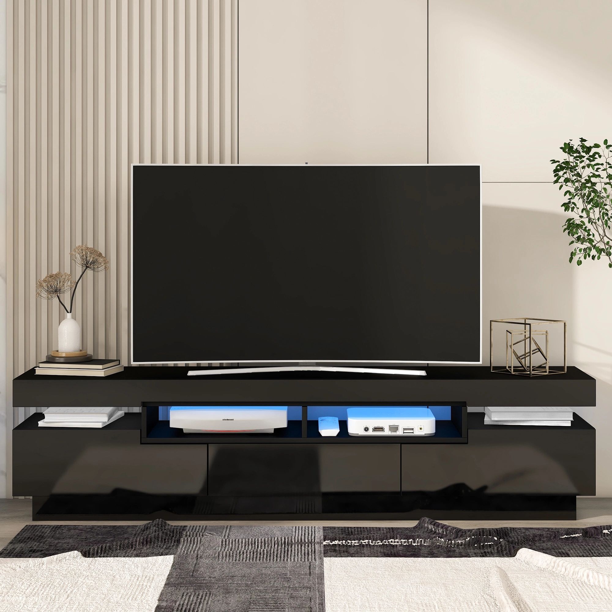 Dropship On Trend Tv Stand With 4 Open Shelves, Modern High Gloss Entertainment  Center For 75 Inch Tv, Universal Tv Storage Cabinet With 16 Color Rgb Led  Color Changing Lights, Black To Sell Online Inside Rgb Entertainment Centers Black (View 5 of 20)