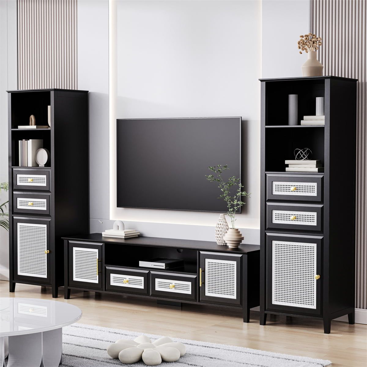 Farmhouse Rattan Tv Stand Cabinet Set With Enhanced Functionality,boho  Style Entertainment Center With Tv Console And 2 Tall Cabinets,vintage Tv  Cabinet Set With Gold Metal Handles,black – Walmart Pertaining To Farmhouse Rattan Tv Stands (View 8 of 20)