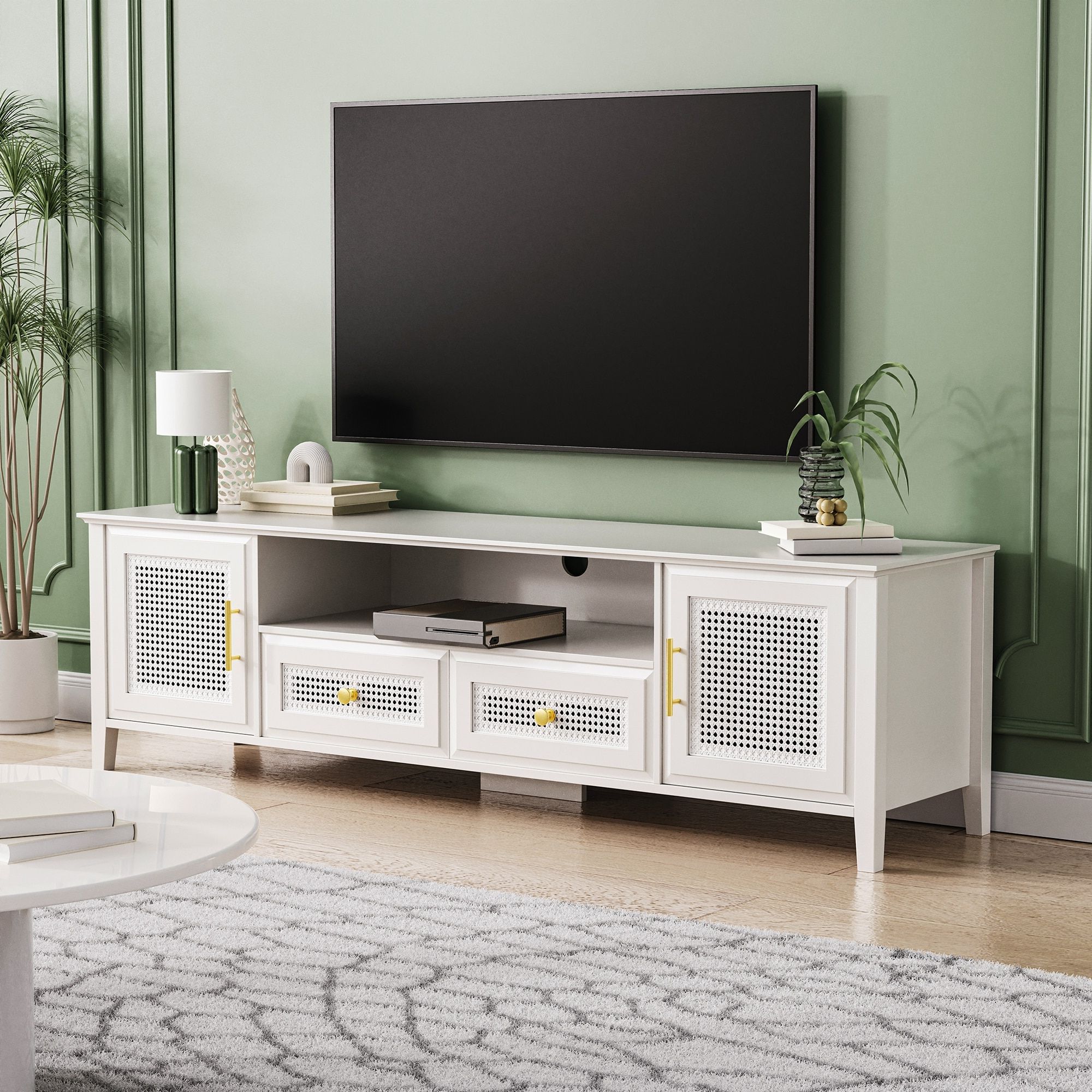 Farmhouse Rattan Tv Stand For Tvs Up To 65", Boho Style Entertainment  Center With Gold Metal Handles – On Sale – Bed Bath & Beyond – 38102434 Within Farmhouse Rattan Tv Stands (View 4 of 20)