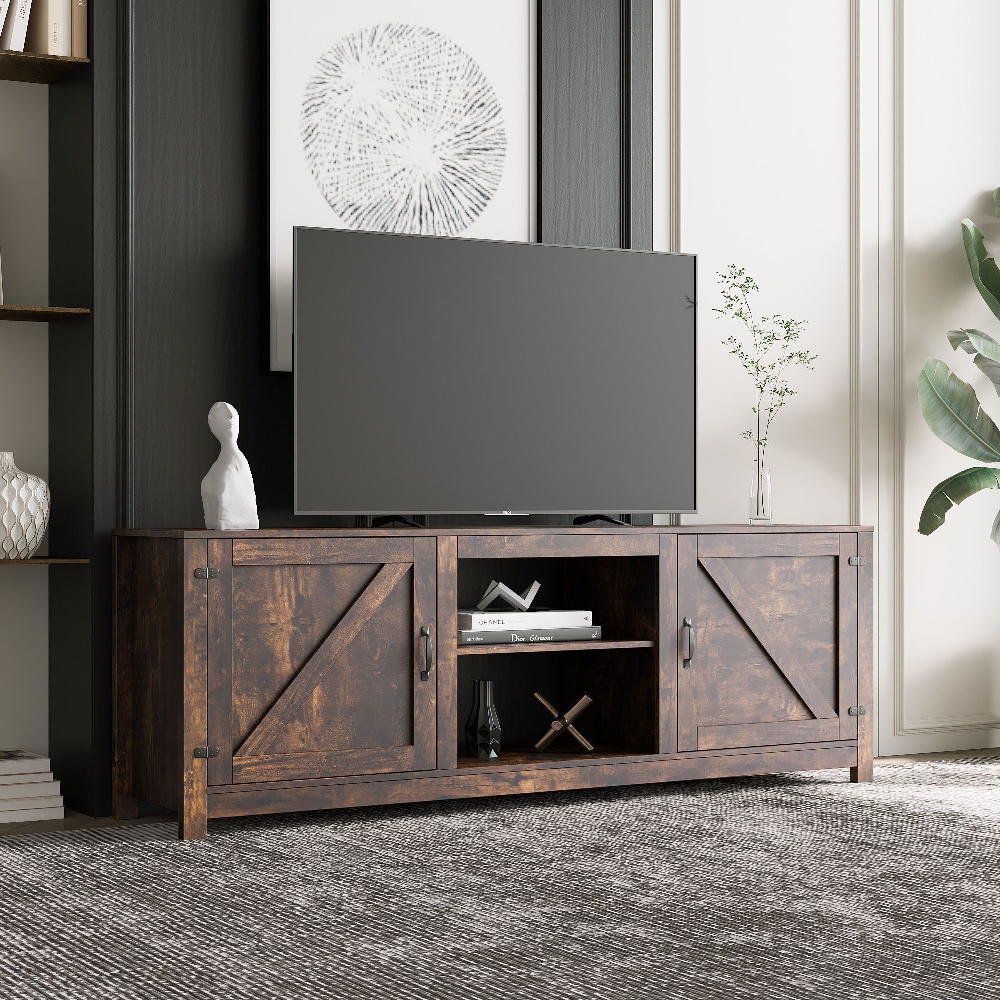 Farmhouse Style Tv Stand, Wood Entertainment Center Media Console With 2  Shelves 2 Drawers – Bed Bath & Beyond – 37853671 Within Farmhouse Media Entertainment Centers (Gallery 8 of 20)