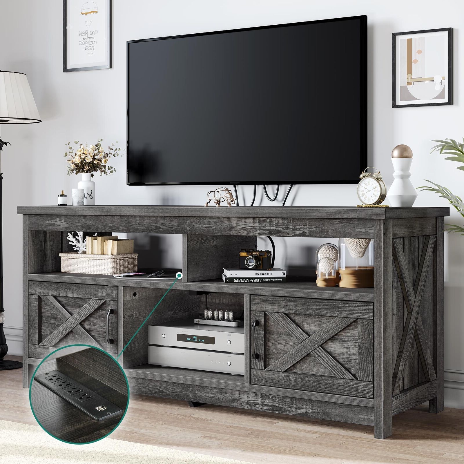 Farmhouse Tv Stand For 65 In With Power Outlet Media Console W/ Storage  Cabinet | Ebay With Regard To Farmhouse Stands With Shelves (View 8 of 20)