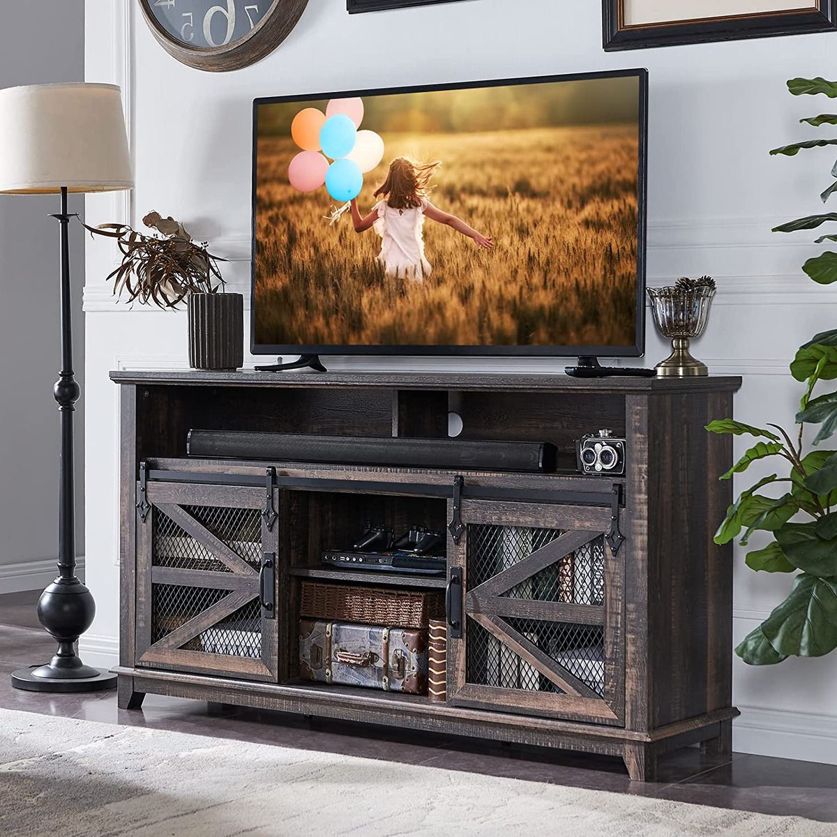 Farmhouse Tv Stand For 65+ Inch Tv, Industrial & Farmhouse Media  Entertainment C | Ebay Pertaining To Farmhouse Media Entertainment Centers (View 2 of 20)