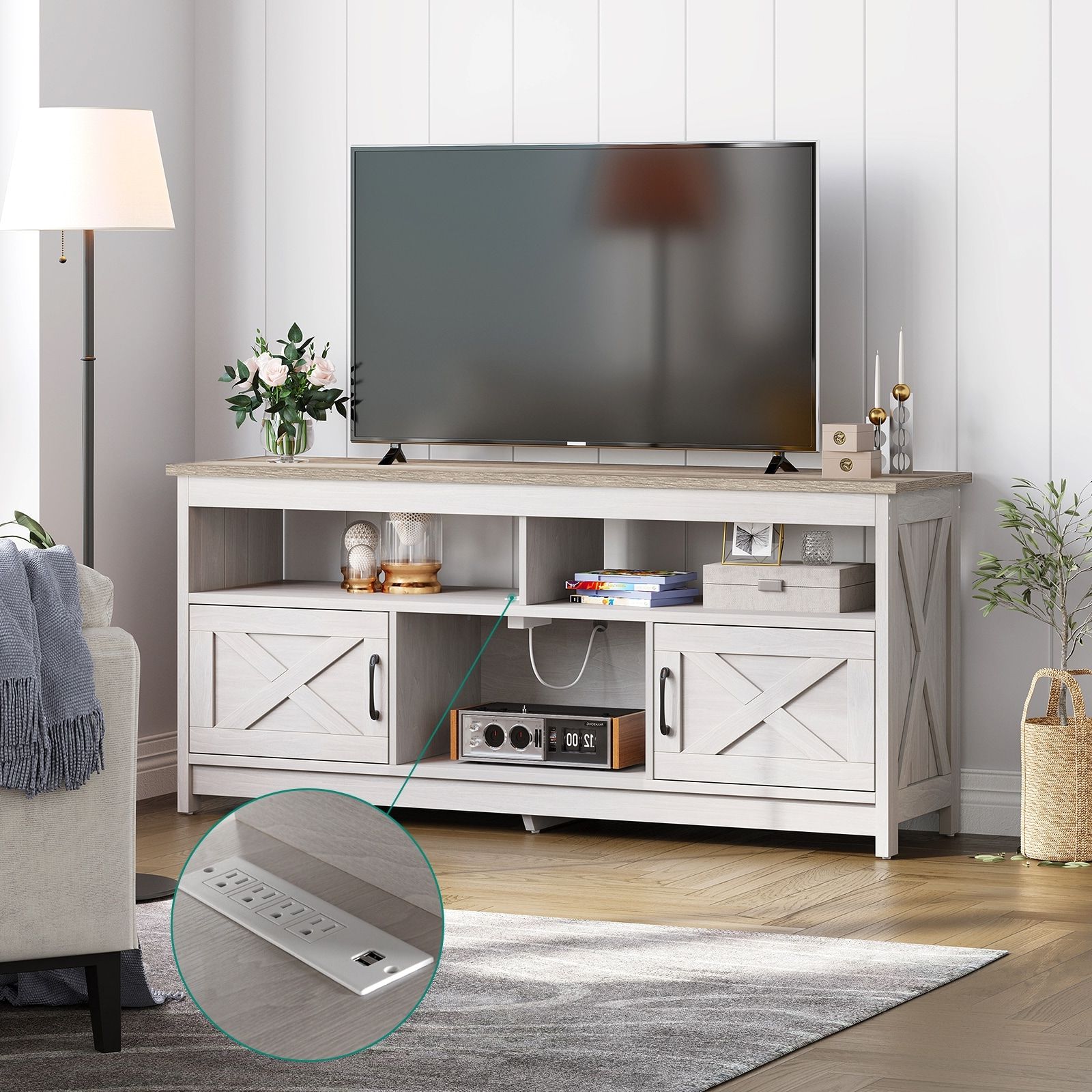 Farmhouse Tv Stand For Up To 65" Tv With Doors And Open Shelves Media  Console Power Outlet – On Sale – Bed Bath & Beyond – 37609334 For Farmhouse Stands With Shelves (Gallery 11 of 20)