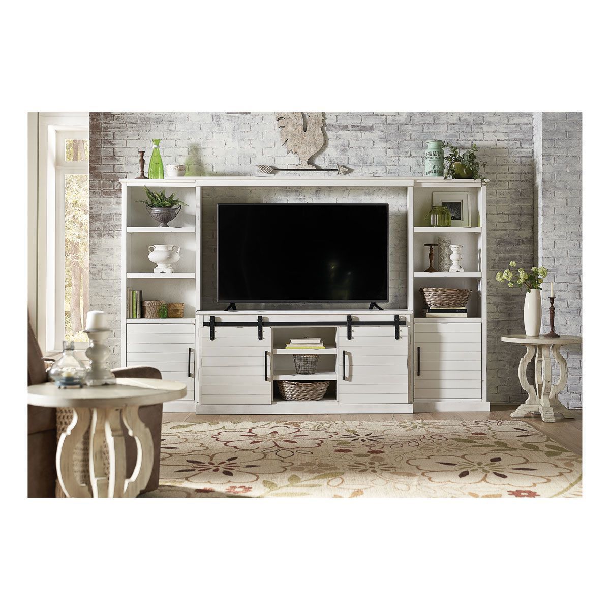 Farmhouse White 4 Piece Entertainment Center | Badcock Home Furniture &more With Regard To White Tv Stands Entertainment Center (View 6 of 20)