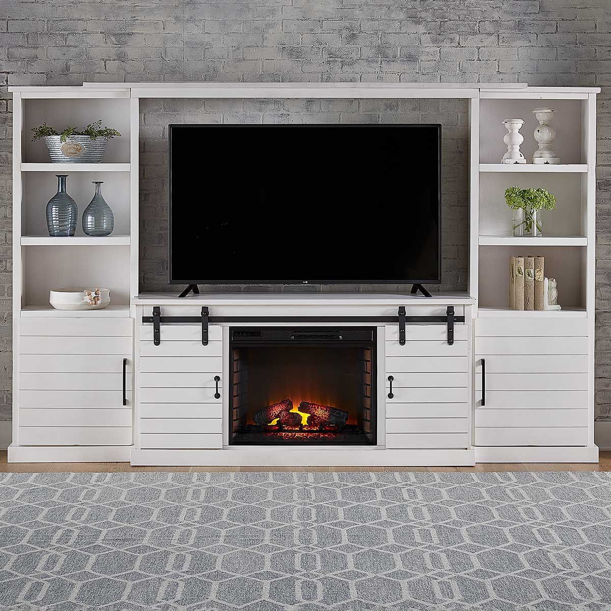 Farmhouse White W Fireplace 4 Pc Entertainment Cen | Badcock Home Furniture  &more For White Tv Stands Entertainment Center (Gallery 17 of 20)