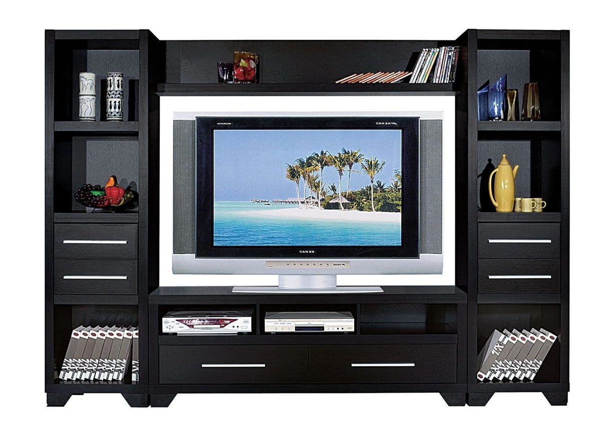 Fc Design 4 Piece Entertainment Center With Tv Stand, 2 Media Tower, And  Bridge In Black Finish – Walmart In Entertainment Units With Bridge (View 13 of 20)