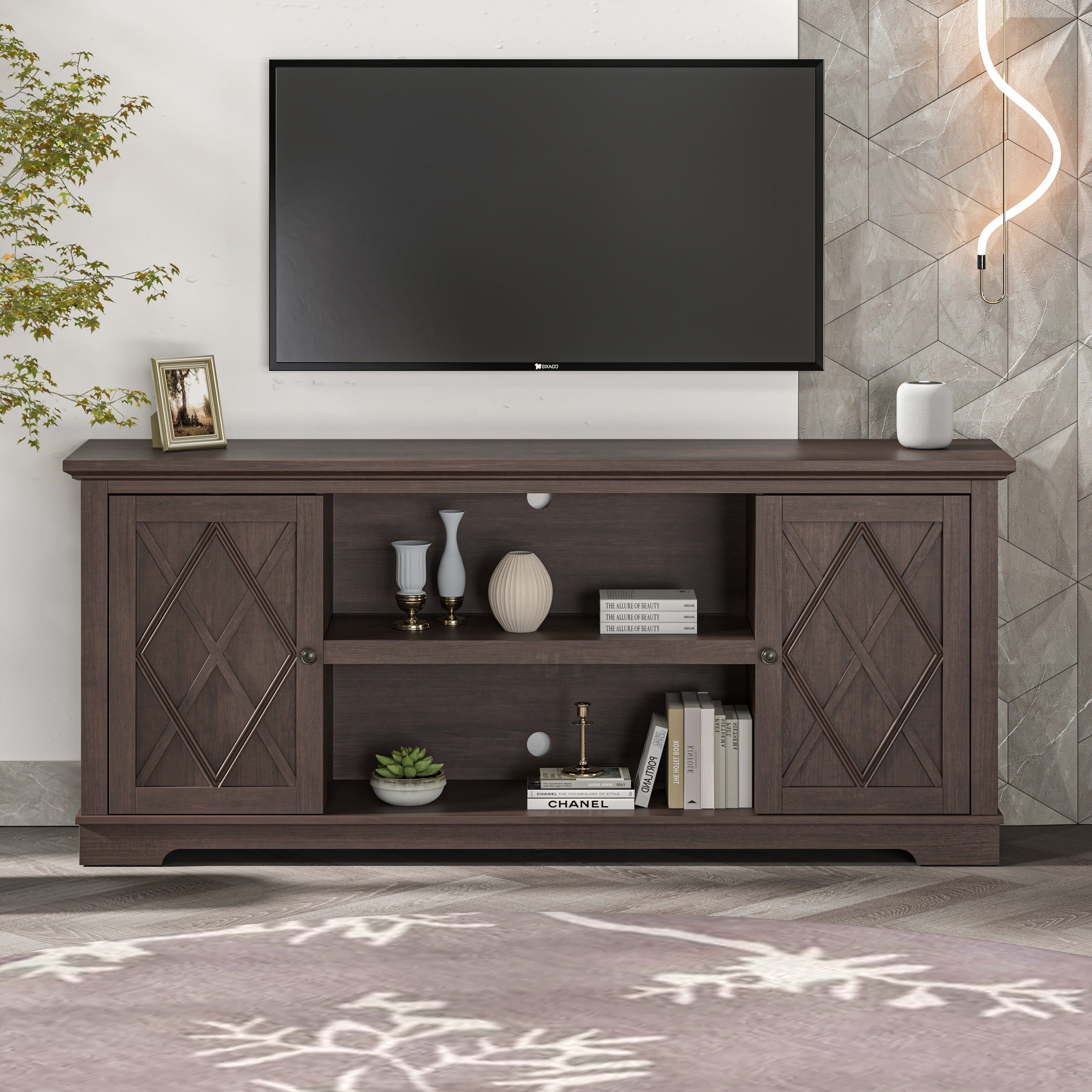 Festivo 70" Farmhouse Tv Stand Console For Tvs Up To 75 Inch – Brown – Easy  Assembly, Cable Management, Adjustable Shelves – Walmart Throughout Oaklee Tv Stands (View 10 of 20)