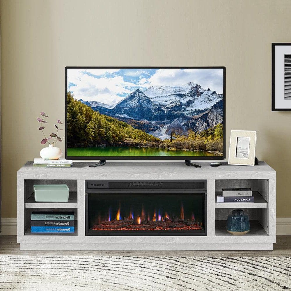 Festivo 77 In. Freestanding Electric Fireplace Tv Stand In Saw Cut Off  White Fts21220 – The Home Depot With Electric Fireplace Entertainment Centers (Gallery 6 of 20)