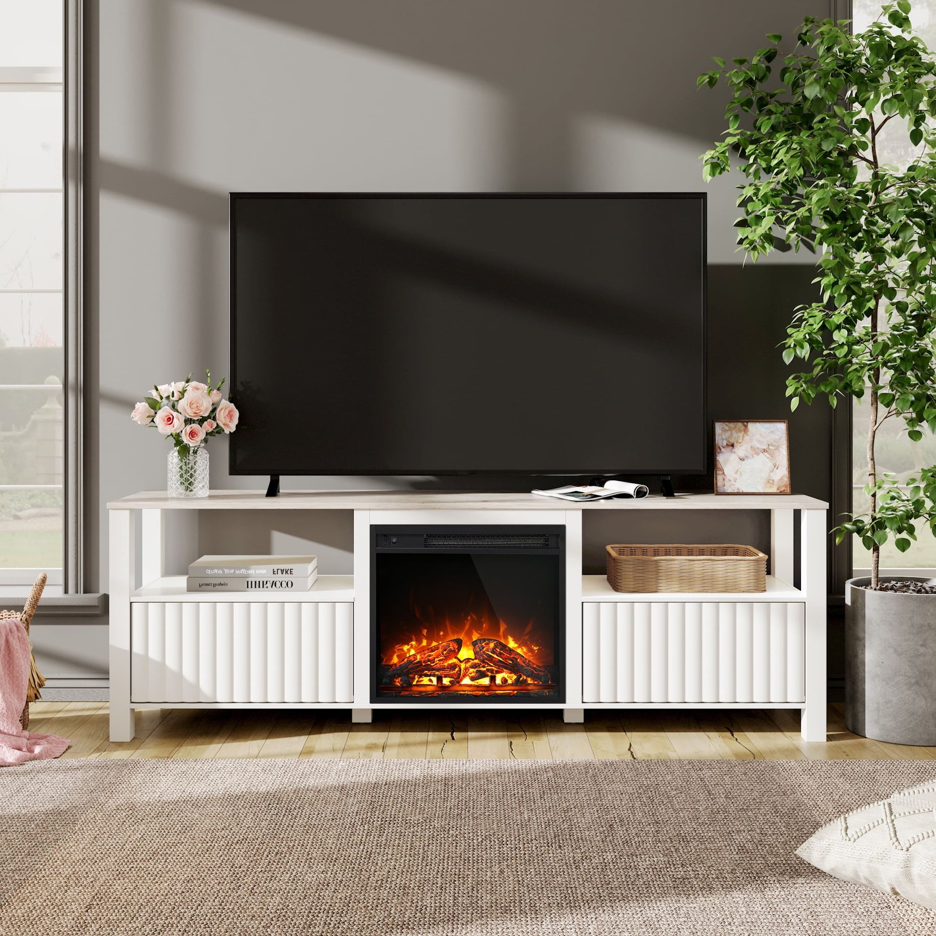 Fireplace Tv Stand For Tv's Up To 75 Inch, White Led Entertainment Center  For 80 Inch Tv With Electric Fireplace For Living Room Bedroom, 70 Inch –  Walmart In White Tv Stands Entertainment Center (Gallery 12 of 20)