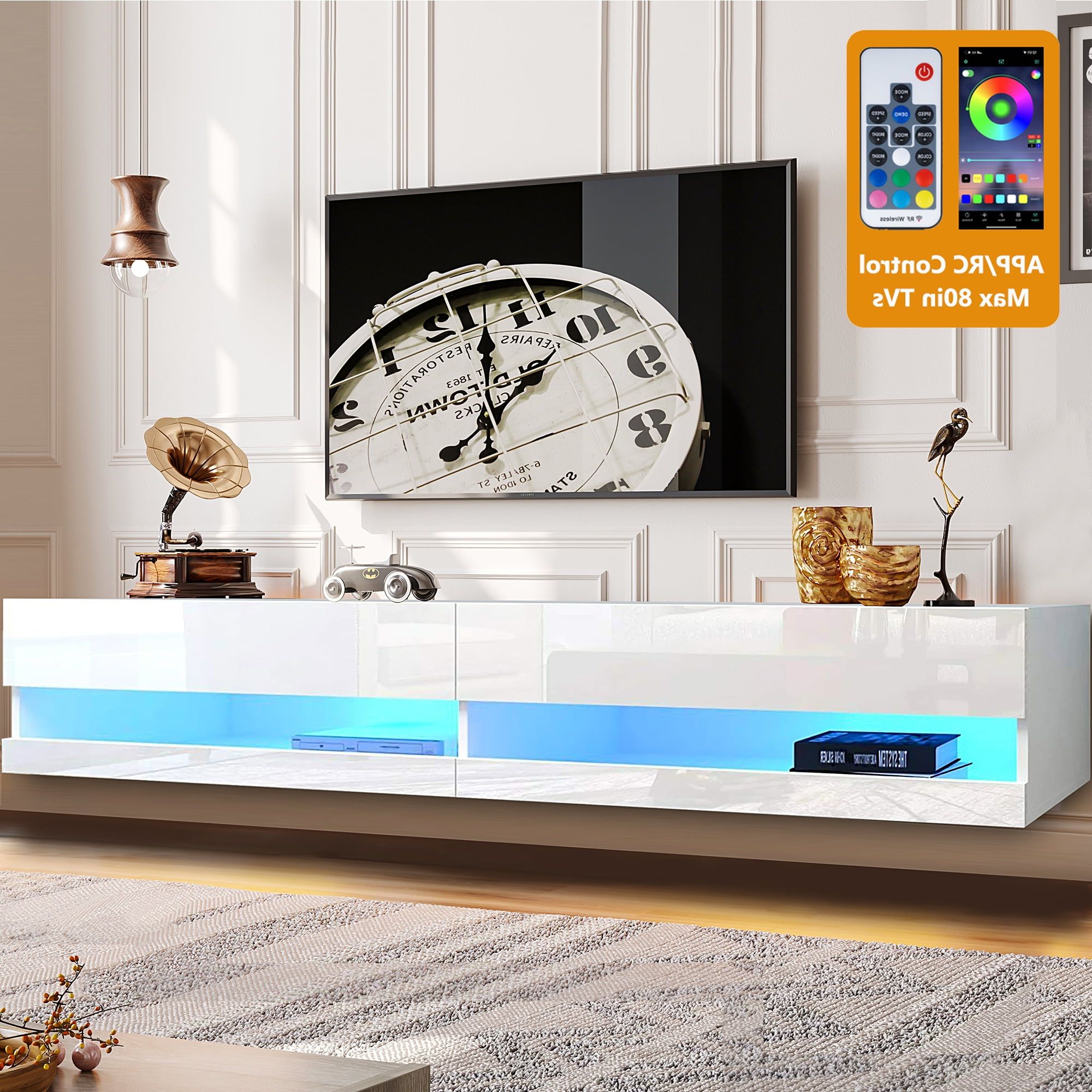 Floating Tv Stand For 80 Inch Tvs, Paproos Wall Mounted Floating  Entertainment Center With Lights App/remote Control, Modern High Glossy  Floating Media Console For Living Room, White – Walmart Regarding Wall Mounted Floating Tv Stands (Gallery 7 of 20)