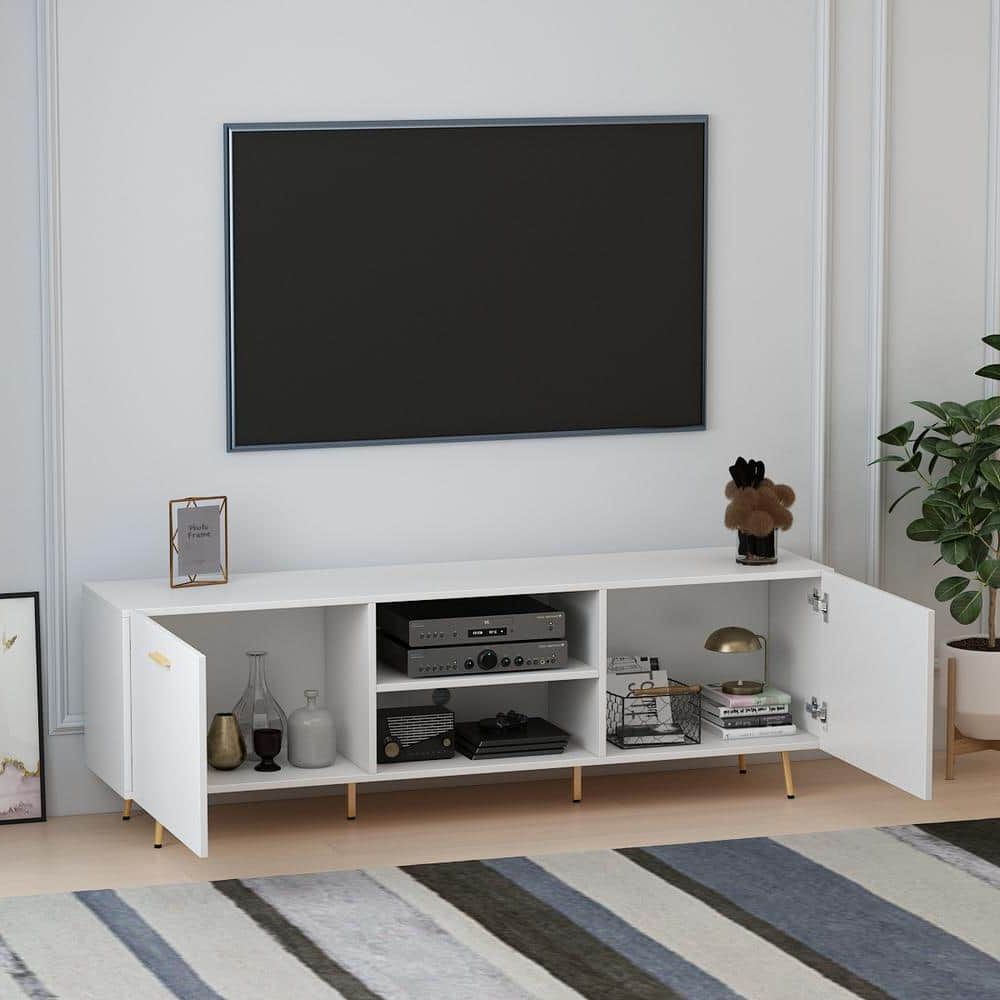 Fufu&gaga 69 In. W White Wood Tv Stand Console Entertainment Center For Tv  Up To 75 In (View 4 of 20)