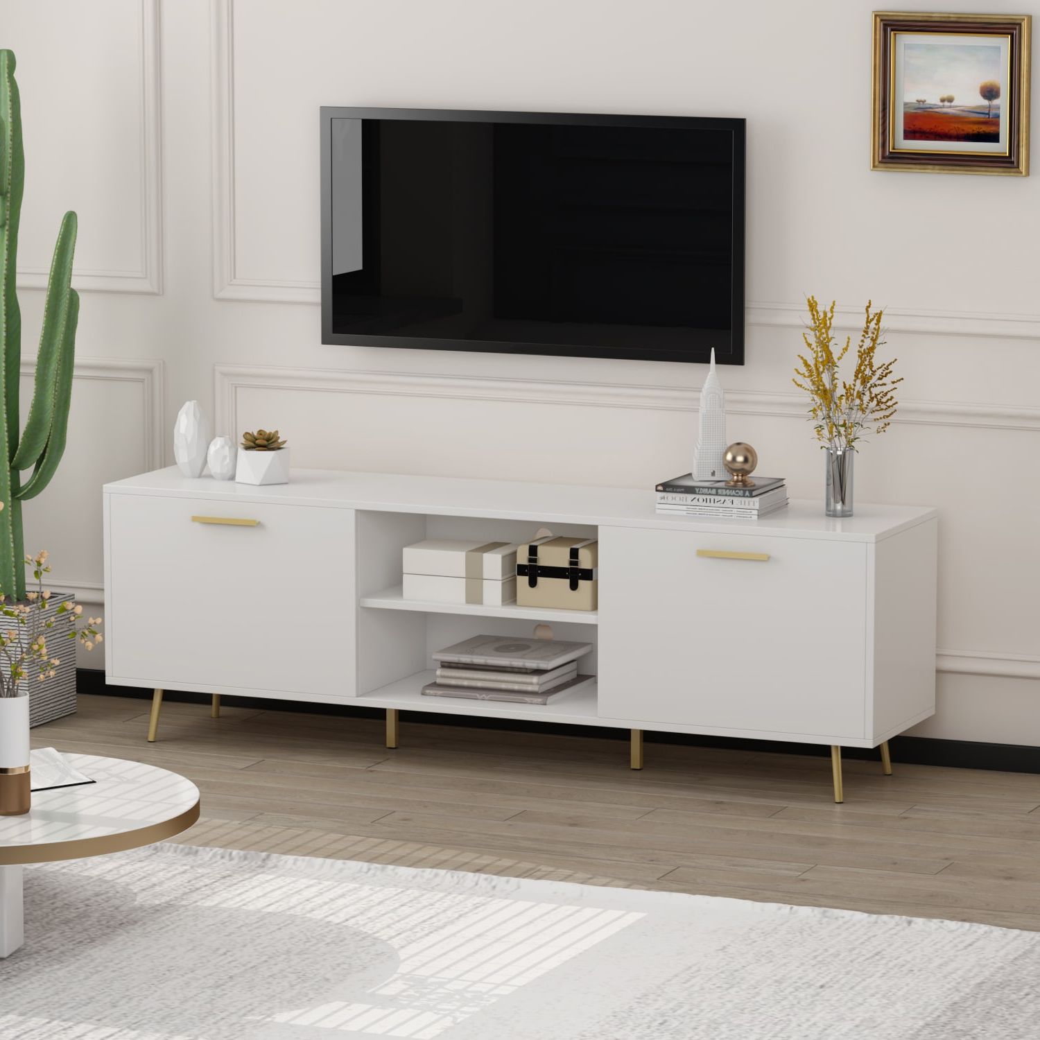 Fufu&gaga Tv Cabinet Stand Modern/contemporary White Tv Cabinet Integrated  Tv Mount (accommodates Tvs Up To 70 In) In The Tv Stands Department At  Lowes Regarding White Tv Stands Entertainment Center (View 7 of 20)