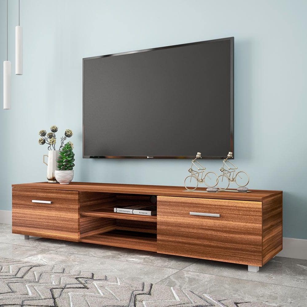 Godeer 62.99 In. Walnut Tv Stand Fits Tv's Up To 70 In. With 2 Storage  Cabinet With Open Shelves For Living Room A77562191 – The Home Depot Pertaining To Walnut Entertainment Centers (Gallery 18 of 20)