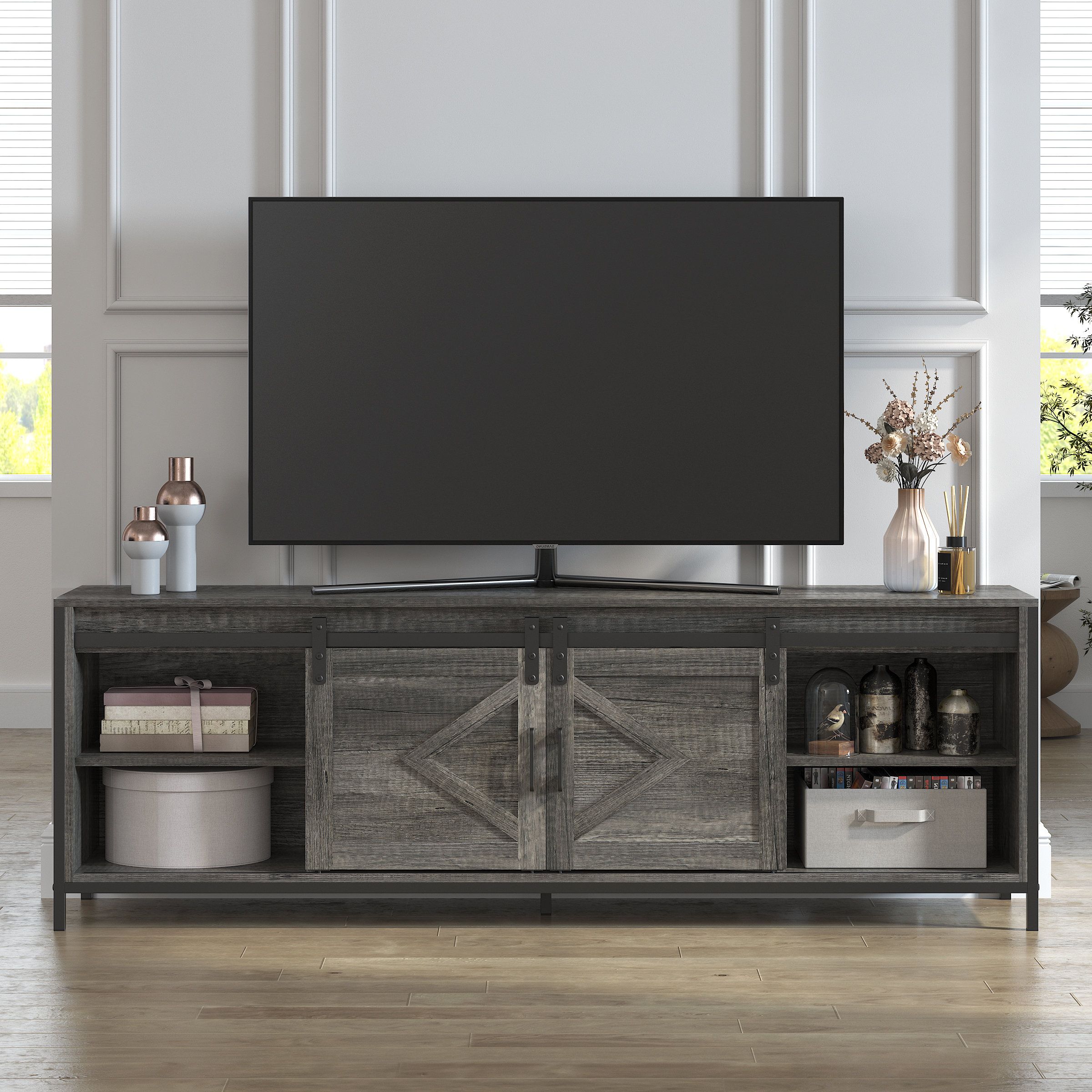 Gracie Oaks 60 Inches Modern Farmhouse Barn Door Tv Stand Up To 70" |  Wayfair Intended For Modern Farmhouse Barn Tv Stands (View 14 of 20)