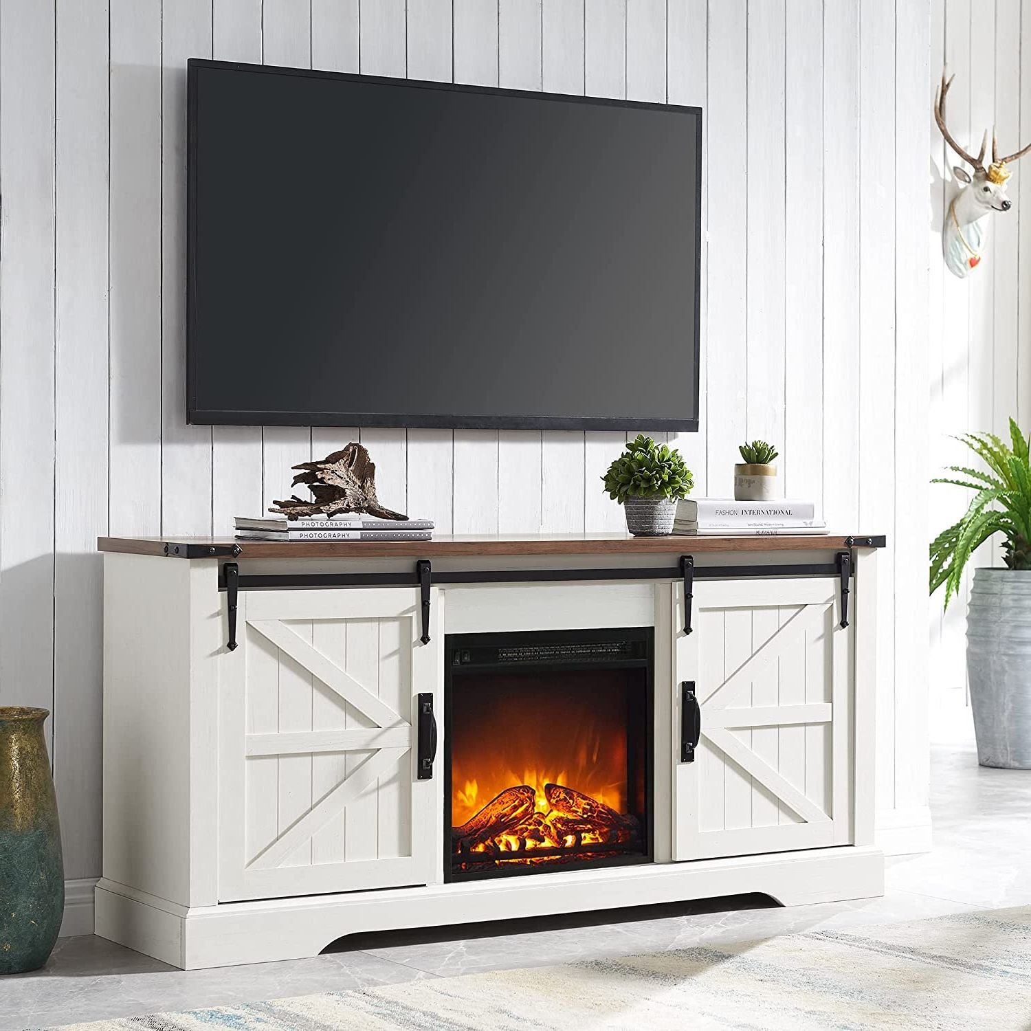 Gracie Oaks Farmhouse Tv Stand For 65 Inch Tv With 18" Electric Fireplace,  Sliding Barn Door, Adjustable Storage & Reviews | Wayfair For Farmhouse Stands With Shelves (Gallery 13 of 20)