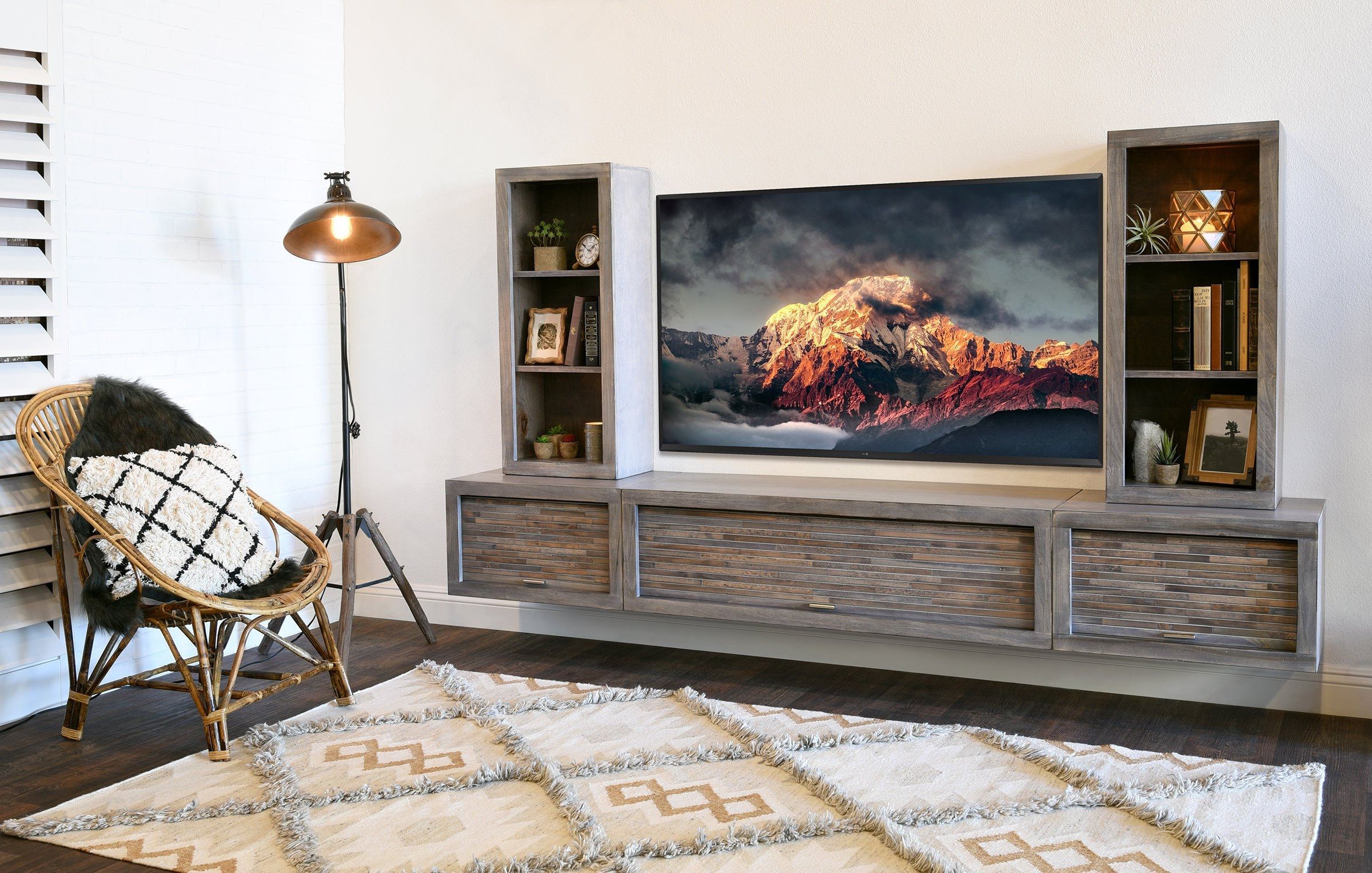 Gray Floating Tv Stand Modern Wall Mount Entertainment Center Eco Geo  Lakewood – Etsy Pertaining To Modern Stands With Shelves (View 6 of 20)