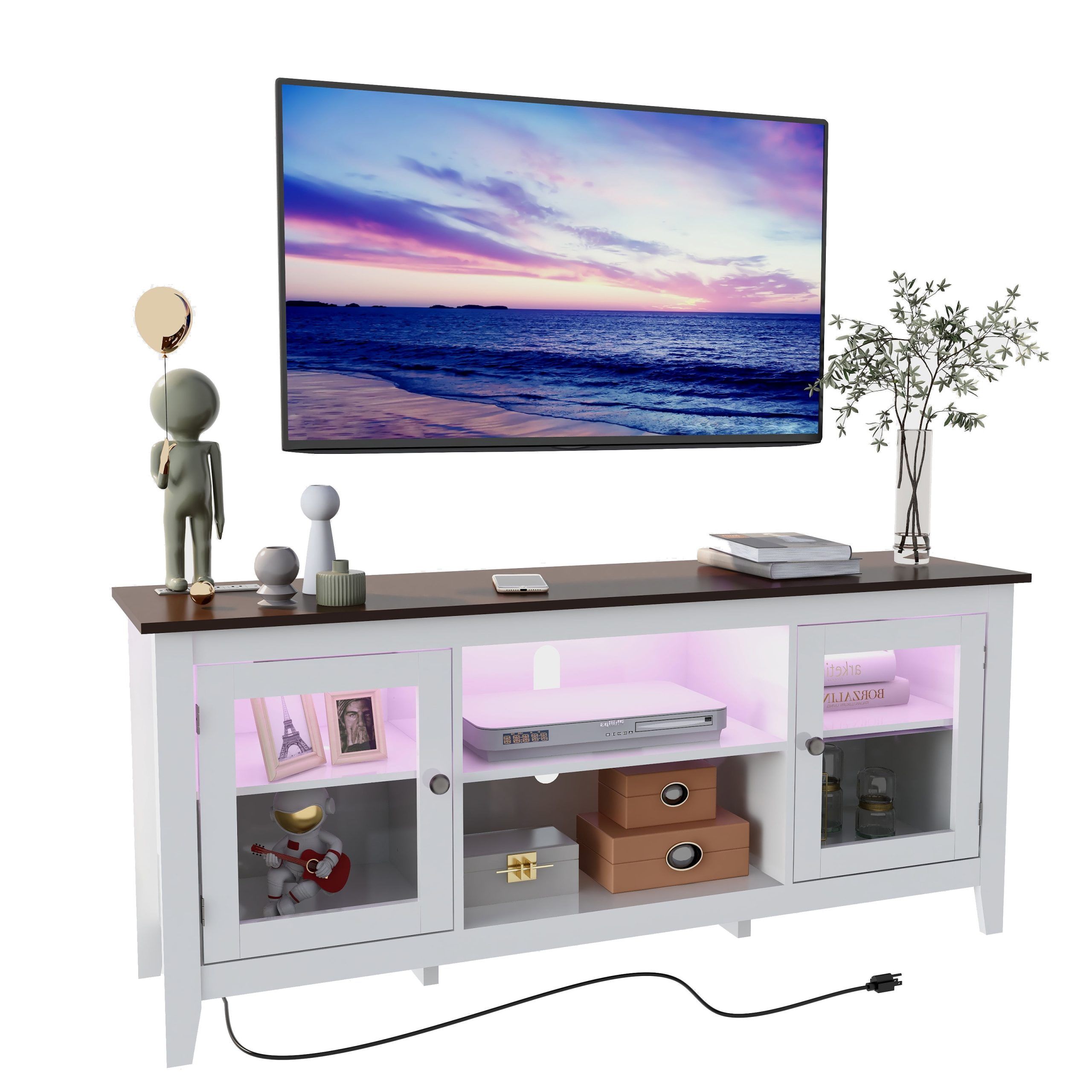 Haioou Led Tv Stand With Power Outlet For Tvs Up To 60“, Entertainment  Center With Storage Cabinet Media Tv Console Glass, White – Walmart Within Led Tv Stands With Outlet (View 10 of 20)