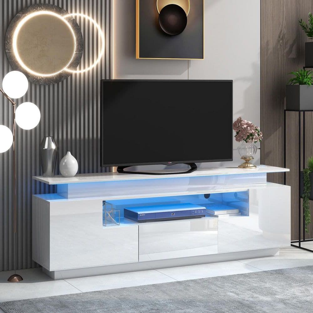 Harper & Bright Designs Stylish 67 In. White Tv Stand With Cabints, Drawer  And Shelf Fits Tv's Up To 75 In. With Color Changing Led Lights Lxy010aak –  The Home Depot Inside White Tv Stands Entertainment Center (Gallery 18 of 20)