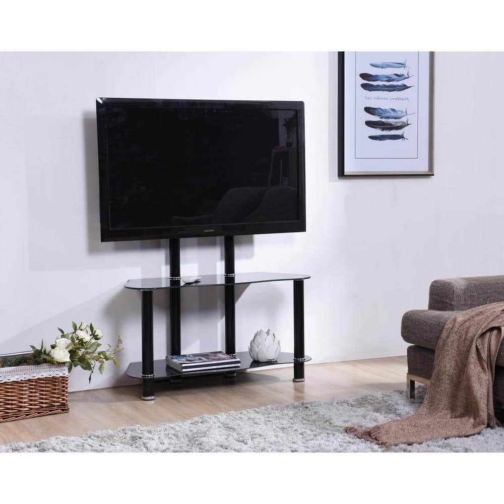 Hodedah 35 In. Black Glass Tv Stand Fits Tvs Up To 55 In. With Cable  Management Hitv104 – The Home Depot Inside Romain Stands For Tvs (Gallery 8 of 20)