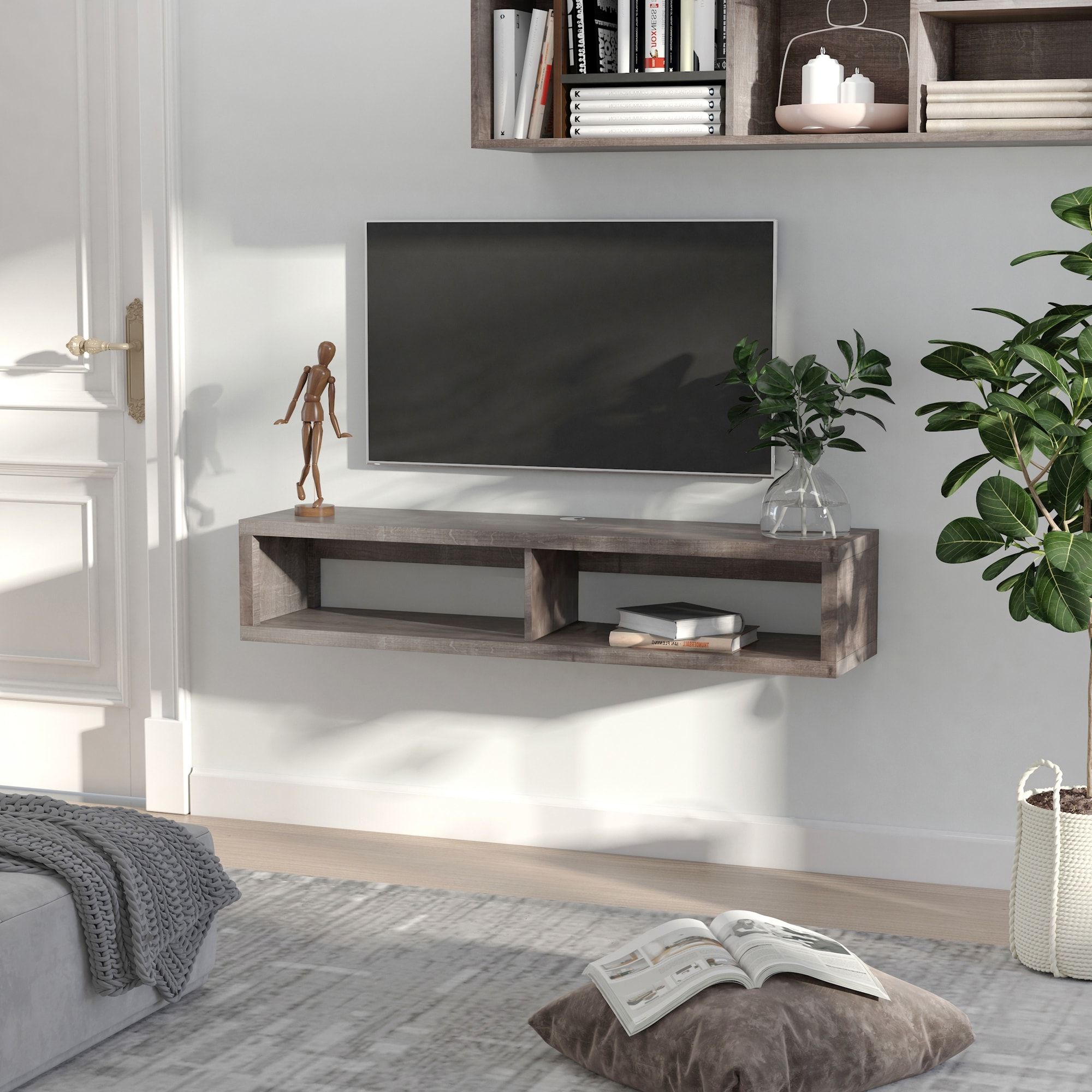 Homcom Wall Mounted Media Console, Floating Tv Stand Component Shelf, Entertainment  Center Unit, Dark Grey Wood Grain – On Sale – Bed Bath & Beyond – 32941209 Inside Wall Mounted Floating Tv Stands (View 18 of 20)