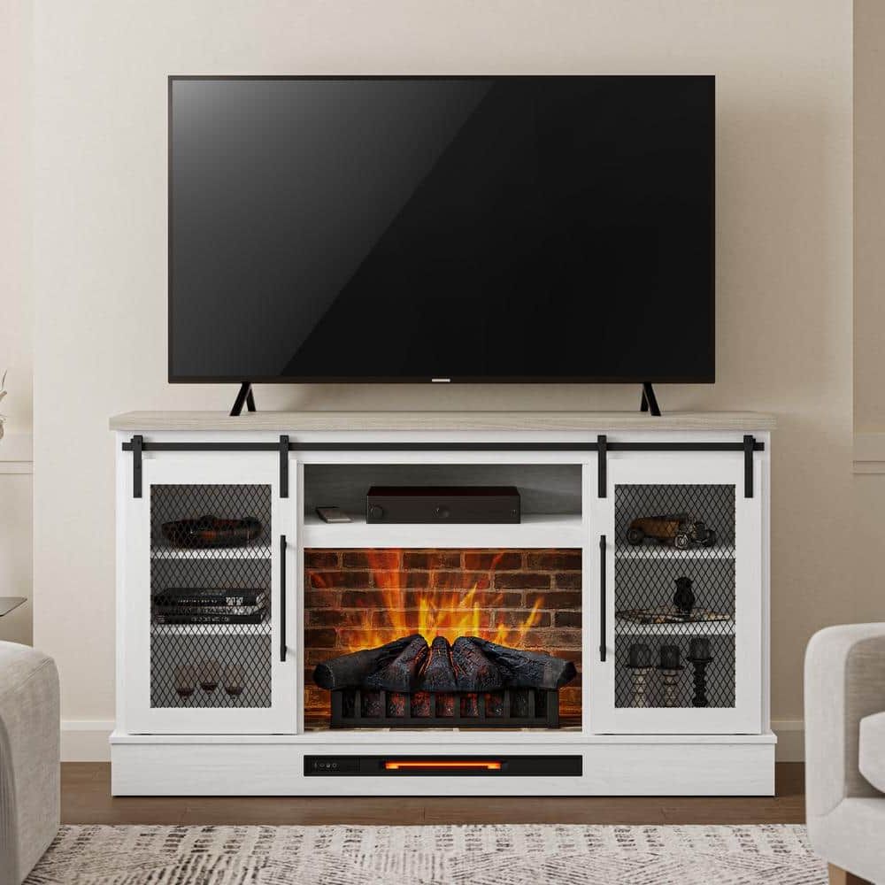 Home Decorators Collection Bramble 63 In. Freestanding Electric Fireplace  Tv Stand W/ Sliding Mesh Barn Door In White W/ Washed Blonde Walnut Top  1361fm 26 352 – The Home Depot Within Electric Fireplace Tv Stands (Gallery 4 of 20)