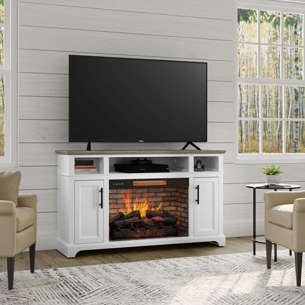 Home Decorators Collection Hillrose 52 In. Freestanding Electric Fireplace  Tv Stand In White With Rustic Taupe Oak Top 2240fm 26 201 – The Home Depot With Tv Stands With Electric Fireplace (Gallery 3 of 20)
