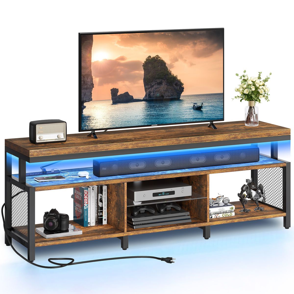 Industrial Led Tv Stand With Power Outlet Media Console For 50/60/65/70" Tvs  | Ebay Regarding Led Tv Stands With Outlet (Gallery 1 of 20)