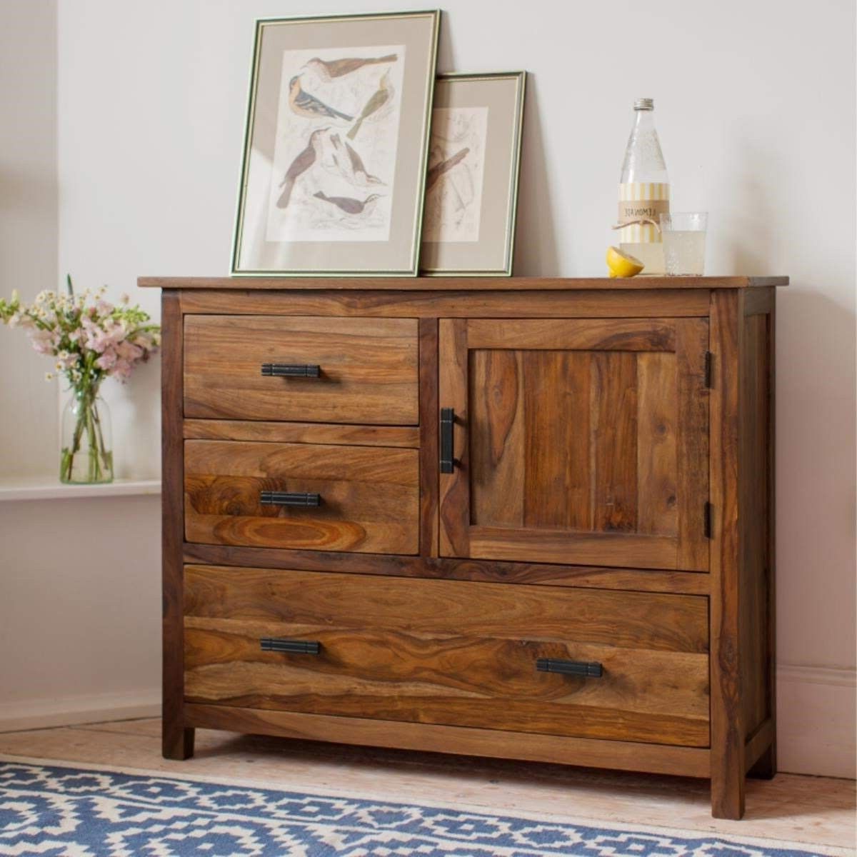Jett Sheesham Wood Sideboard Cabinet For Living Room Furniture 3 Drawers 1 Cabinet  Storage Natural Honey Finish – Shagun Arts With Wood Cabinet With Drawers (View 6 of 20)