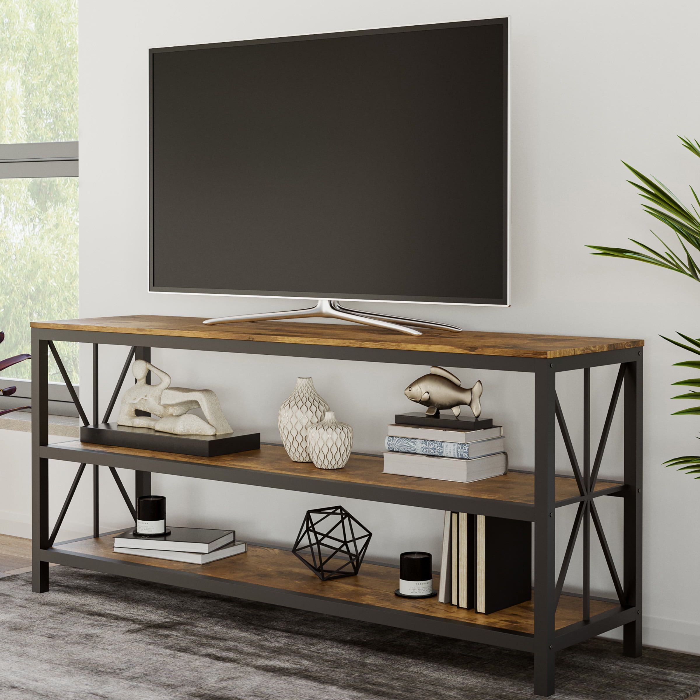 Lavish Home 70 Inch Tv Stand 3 Tier Open Back Entertainment Center, Brown  Woodgrain – Walmart Throughout Tier Stands For Tvs (Gallery 20 of 20)