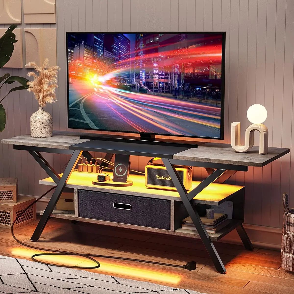 Led Entertainment Center Power Outlets Gaming Tv Stand For Tv Up To 65 Inch  Rgb | Ebay Throughout Led Tv Stands With Outlet (View 4 of 20)